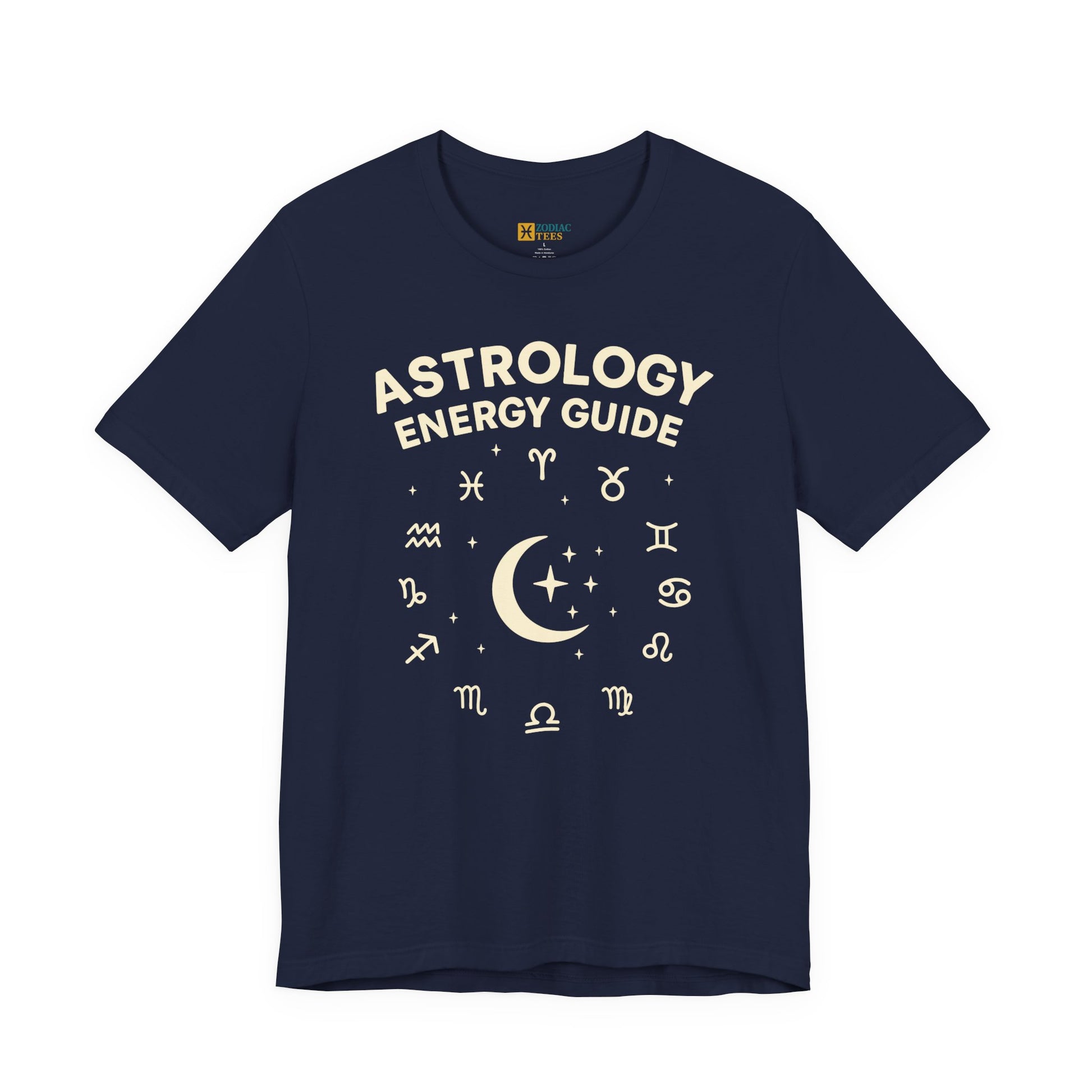 Astrology Energy Guide T-Shirt with zodiac symbols and moon graphic on navy shirt