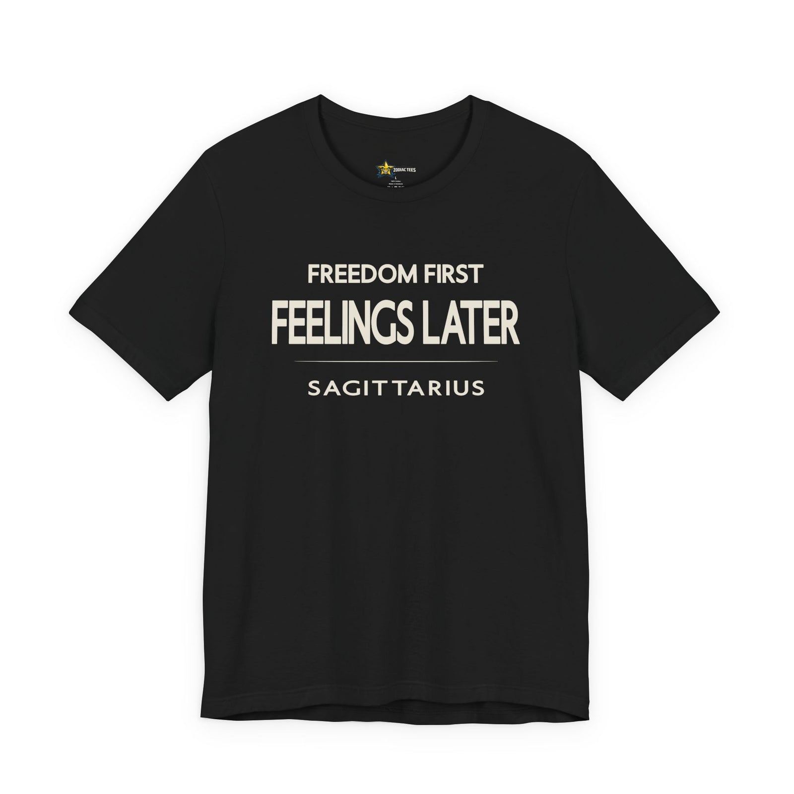 Sagittarius astrology t-shirt with bold quote on black shirt