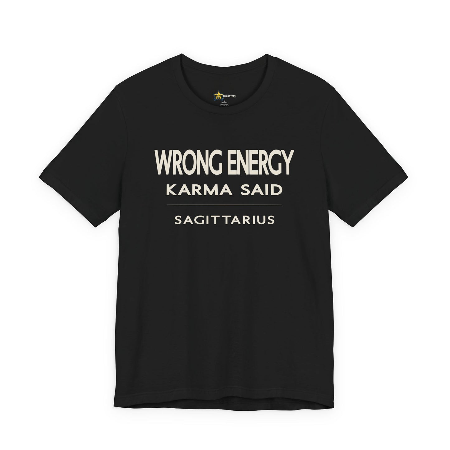 Sagittarius astrology t-shirt with bold typography quote on black background