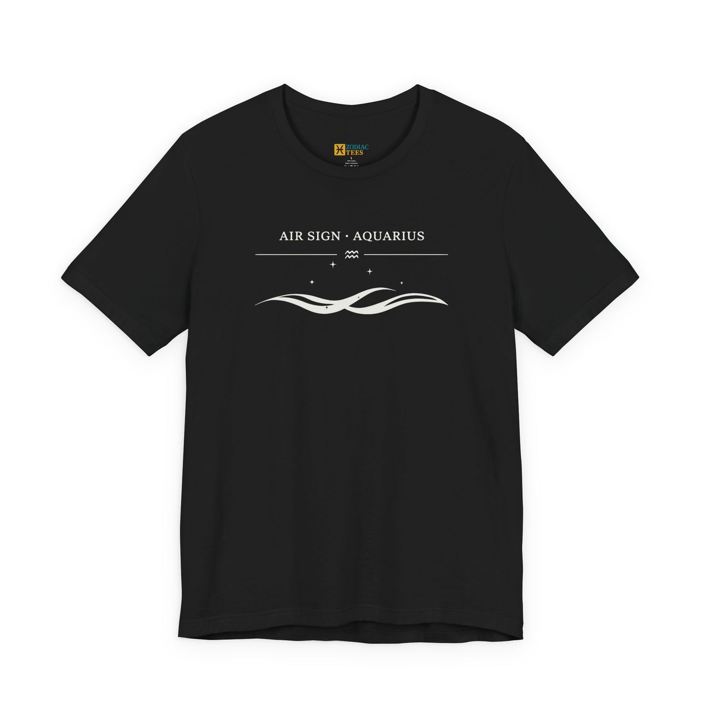 Front view of a black T-shirt with a white minimalist Aquarius design that reads “Air Sign · Aquarius” with a wave graphic and small star details.
