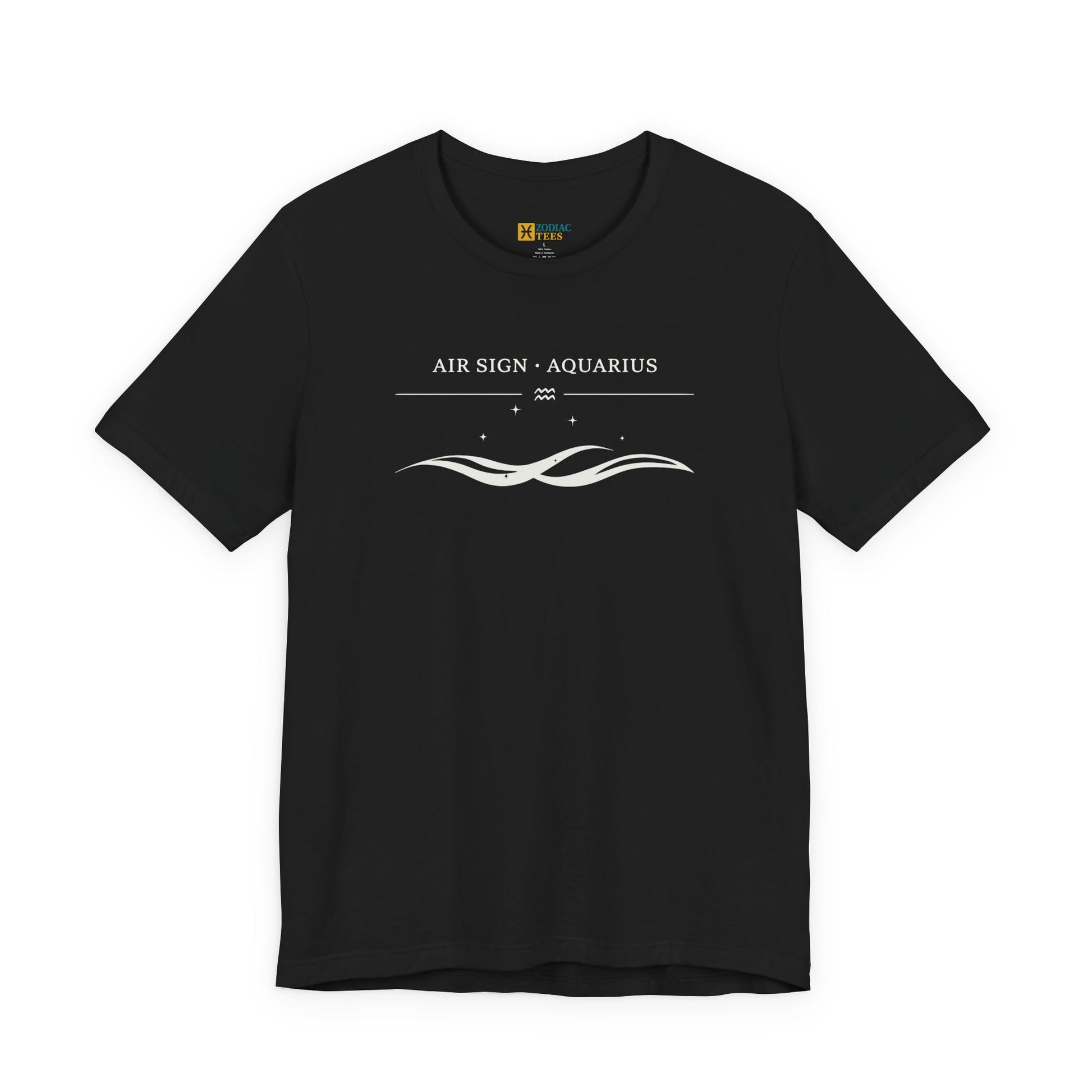 Front view of a black T-shirt with a white minimalist Aquarius design that reads “Air Sign · Aquarius” with a wave graphic and small star details.