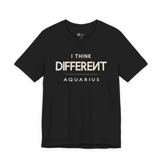 Aquarius astrology T-shirt with I think different quote on white background.