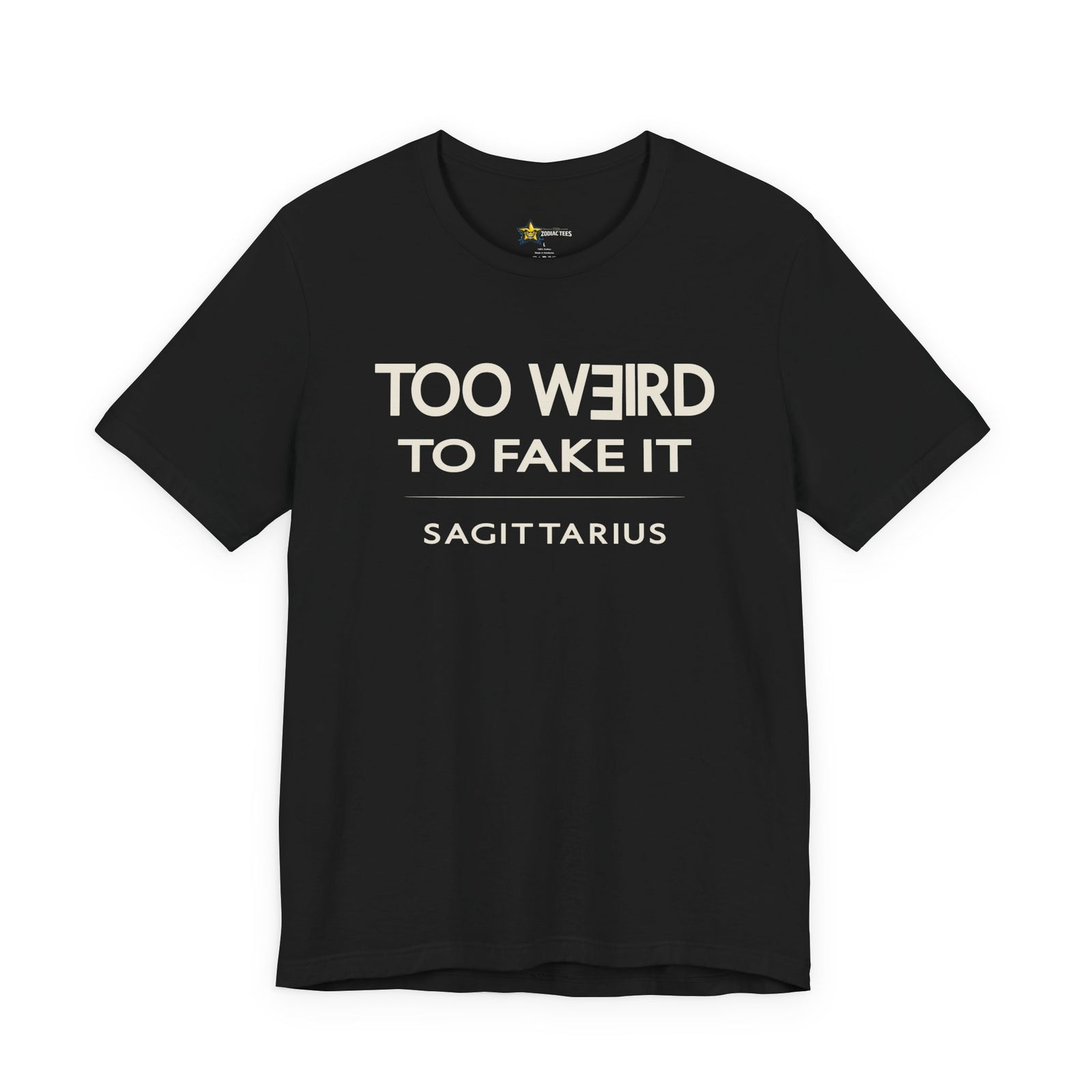 Sagittarius astrology t-shirt with bold typography quote on black background