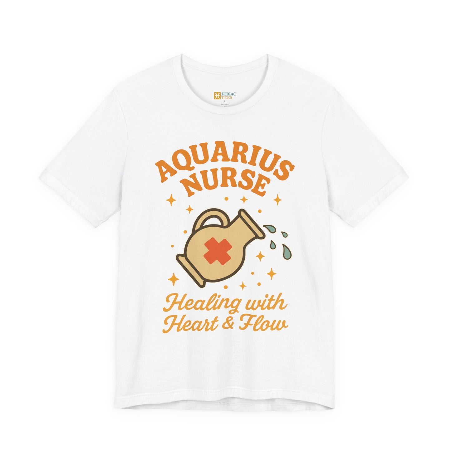 Aquarius astrology T-shirt with nurse healing zodiac design on white background.