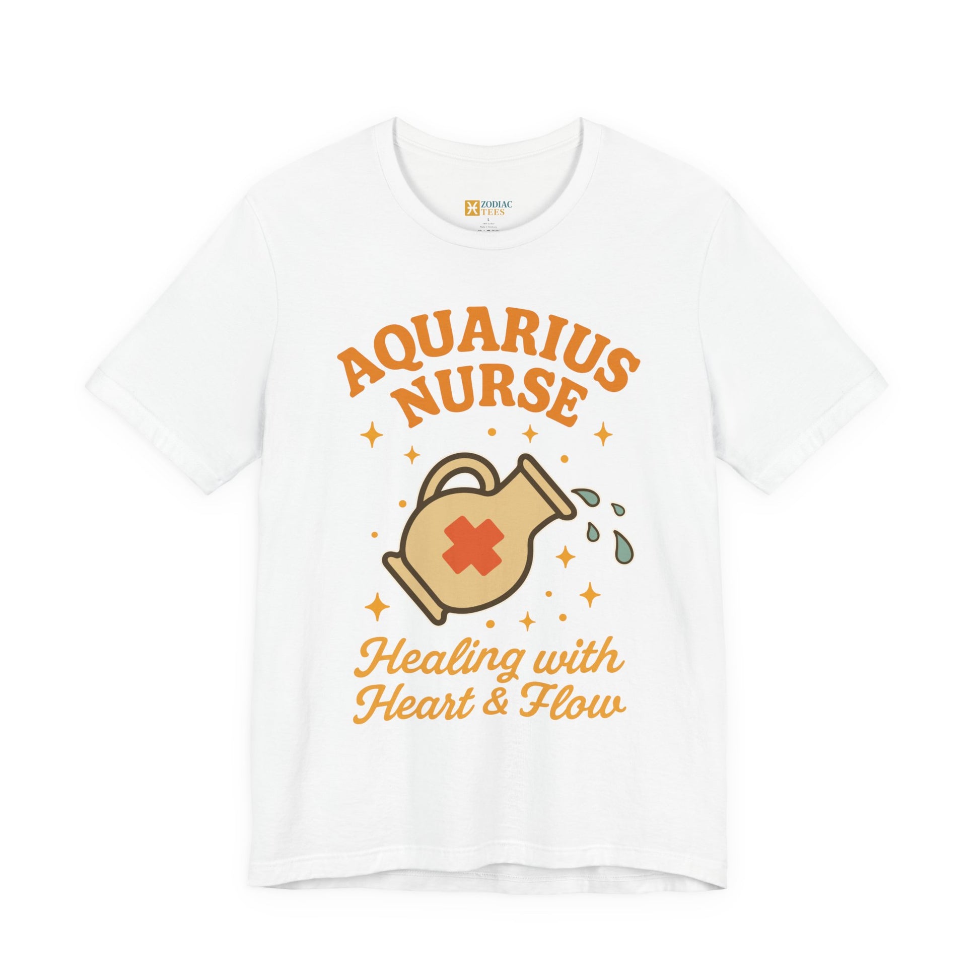 Aquarius astrology T-shirt with nurse healing zodiac design on white background.