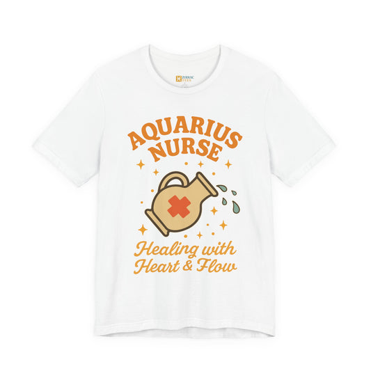 Aquarius astrology T-shirt with nurse healing zodiac design on white background.