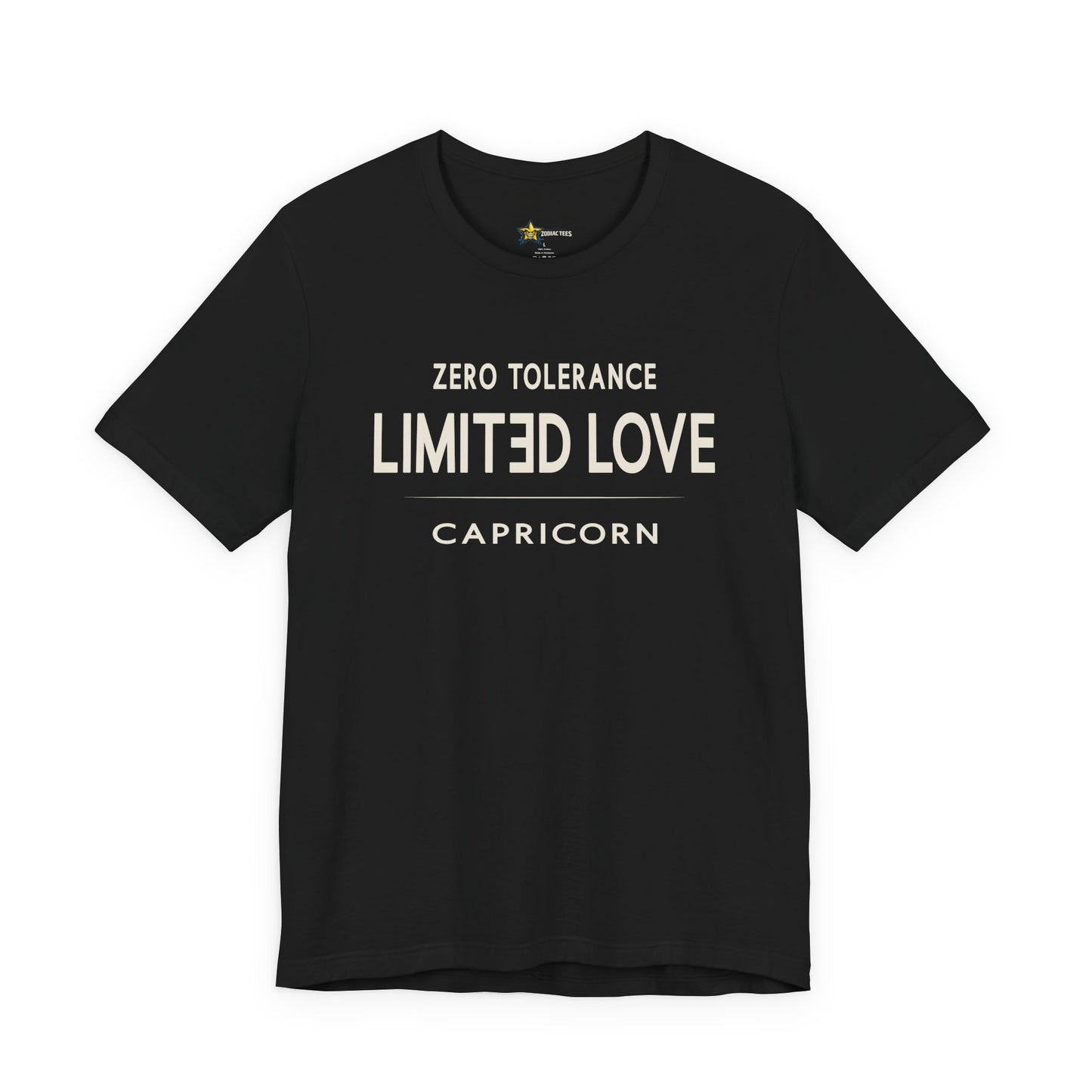 Capricorn astrology t-shirt with bold typography quote on black background