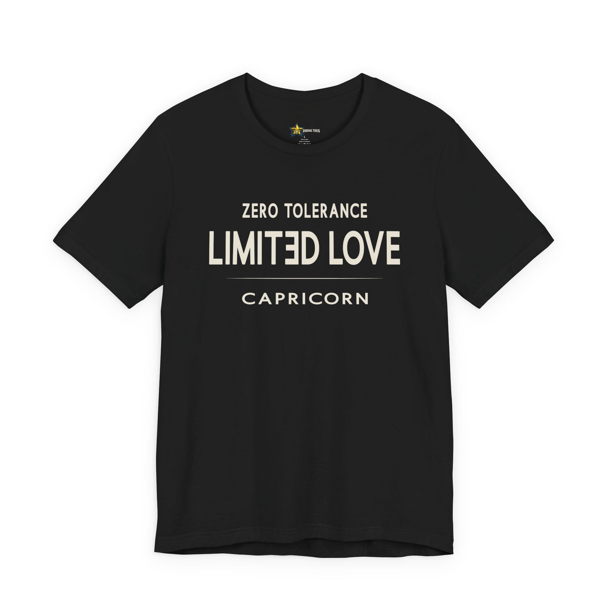 Capricorn astrology t-shirt with bold typography quote on black background