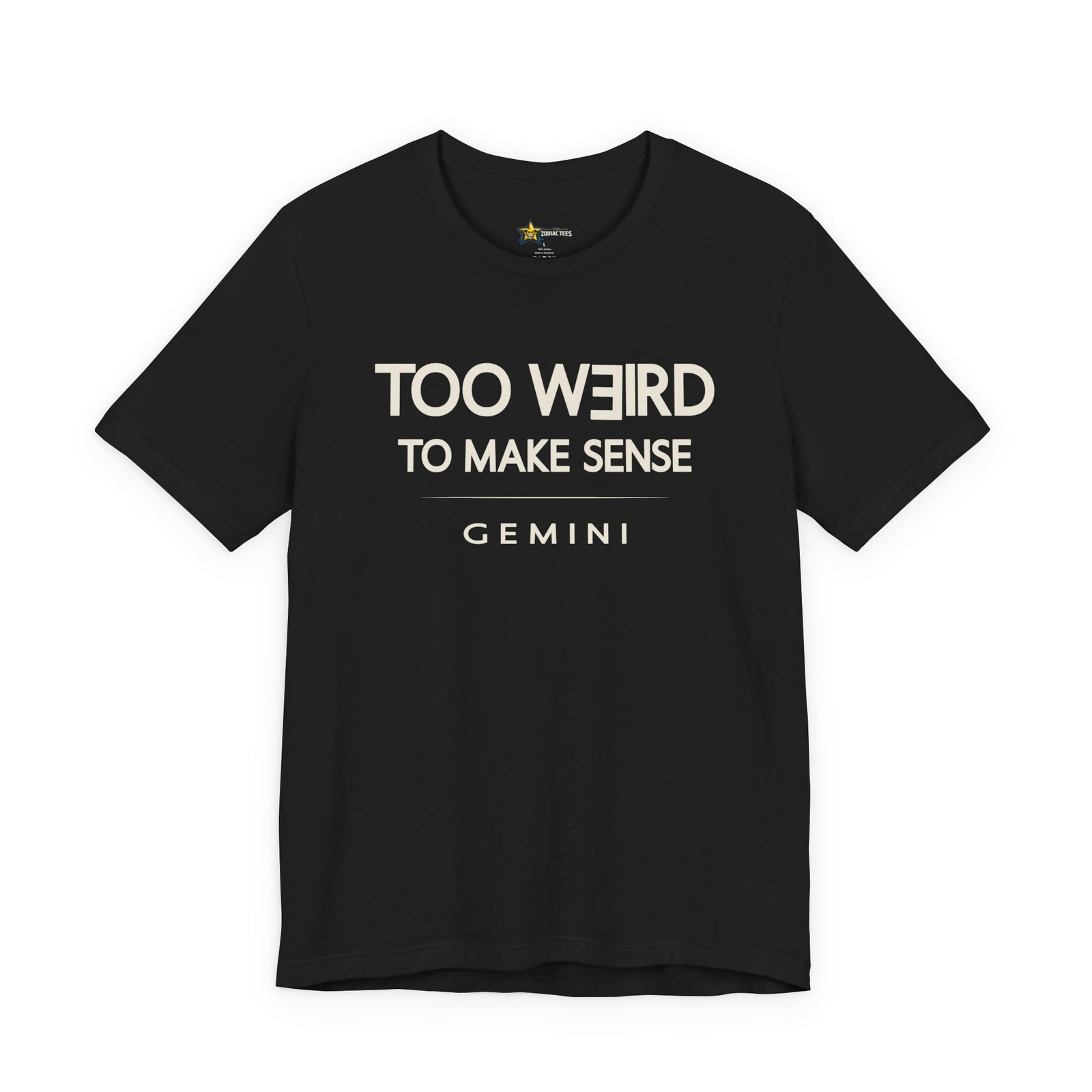 Gemini astrology t-shirt with bold typography quote on black background