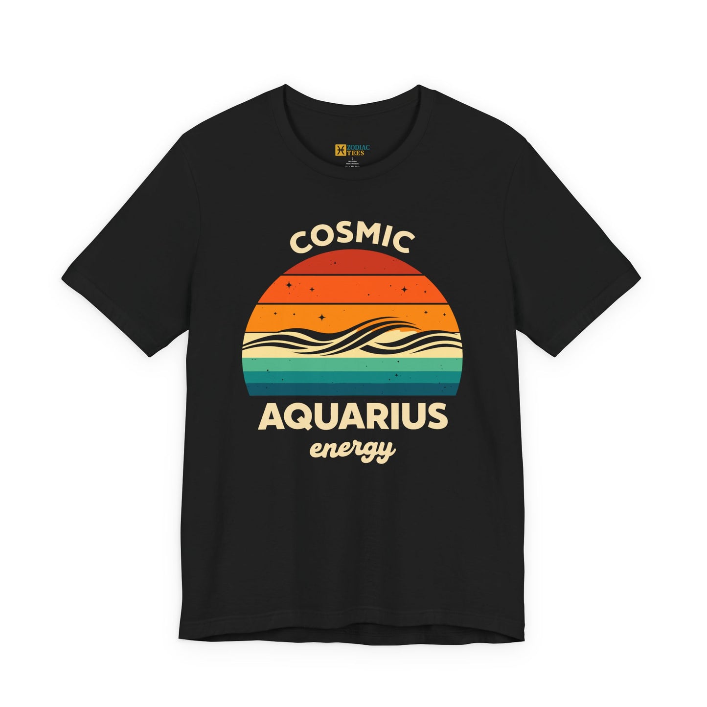 Front view of a black T-shirt with a vintage-style graphic that says “Cosmic Aquarius Energy,” showing wavy lines inside a colorful sunset circle with star accents.