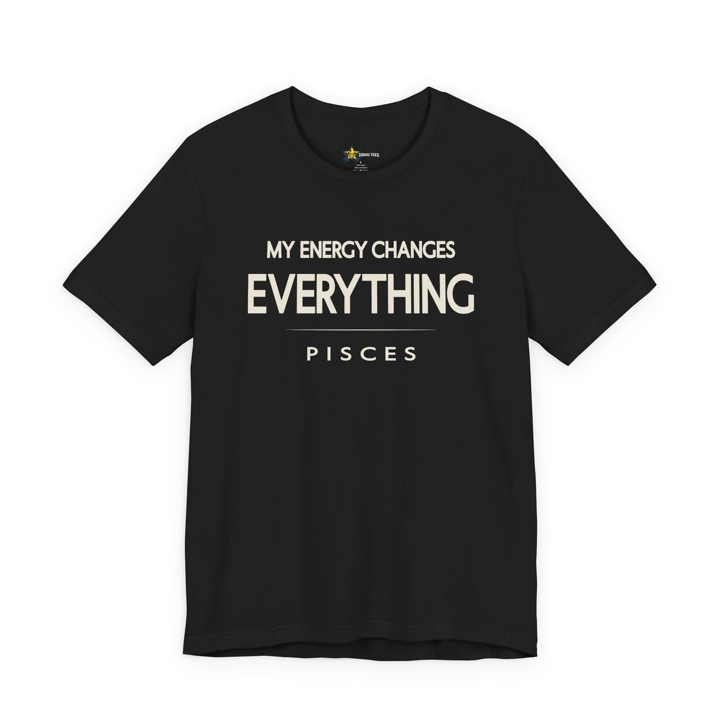 Pisces astrology t-shirt with bold typography quote on black background