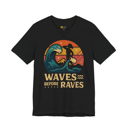 Aquarius astrology T-shirt with waves before raves zodiac design on white background.