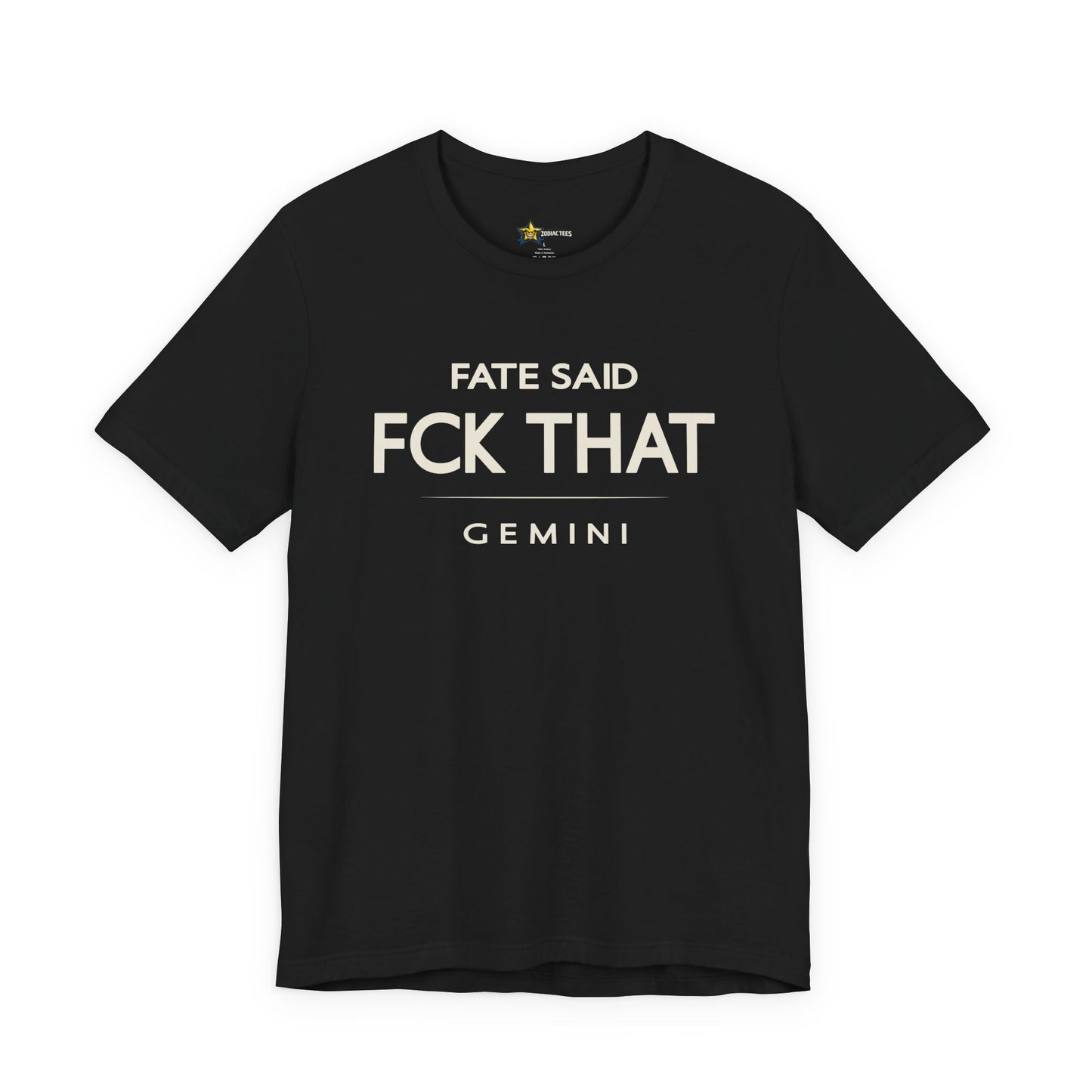 Gemini astrology t-shirt with bold typography quote on black background