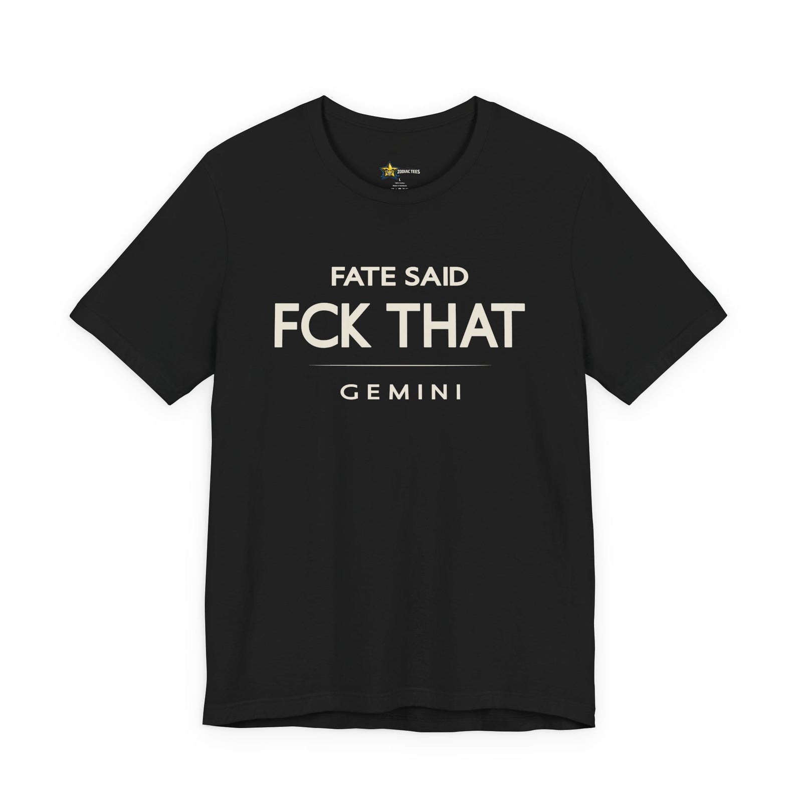Gemini astrology t-shirt with bold typography quote on black background