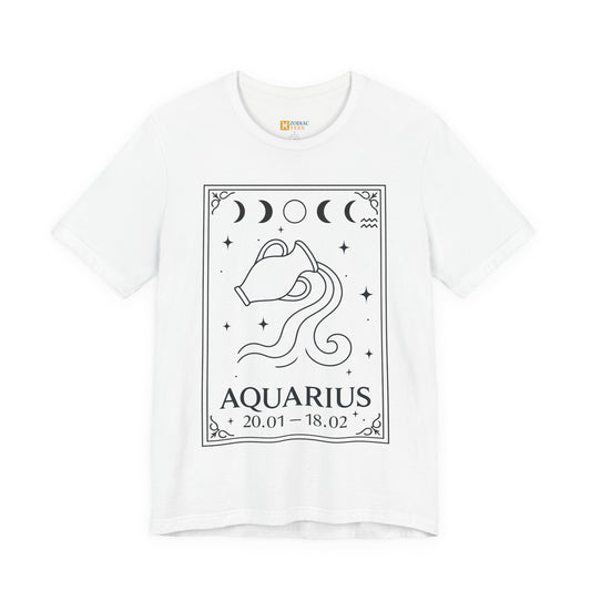 Aquarius t-shirt with minimalist water bearer astrology design on white background.