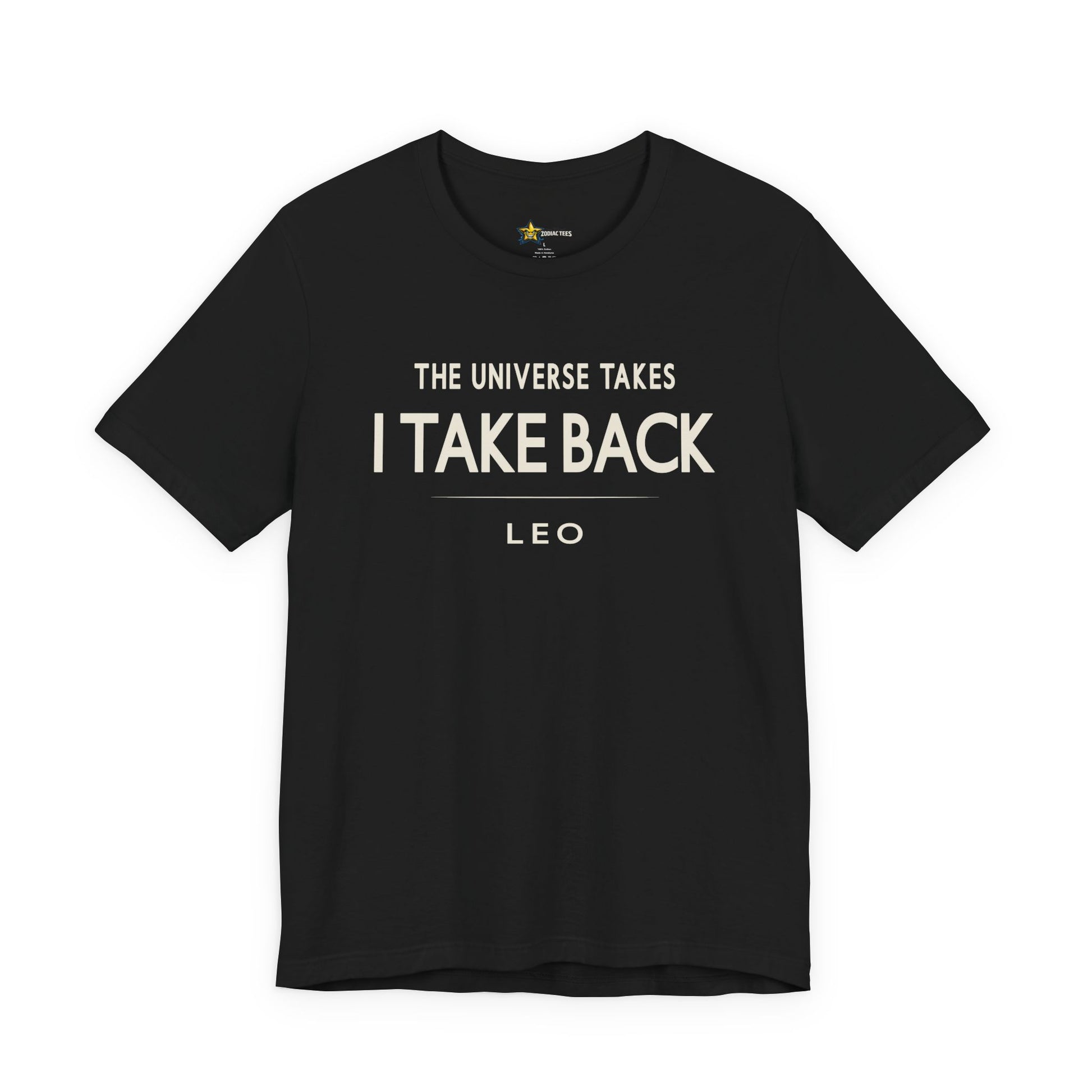 Leo astrology t-shirt with bold typography quote on black background