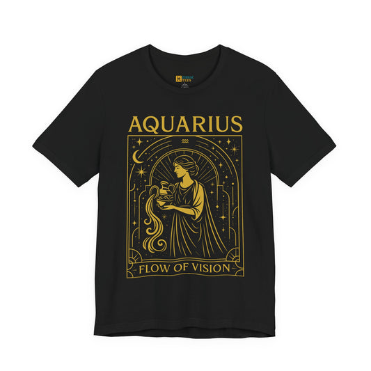 Aquarius astrology T-shirt with flow of vision zodiac design on white background.