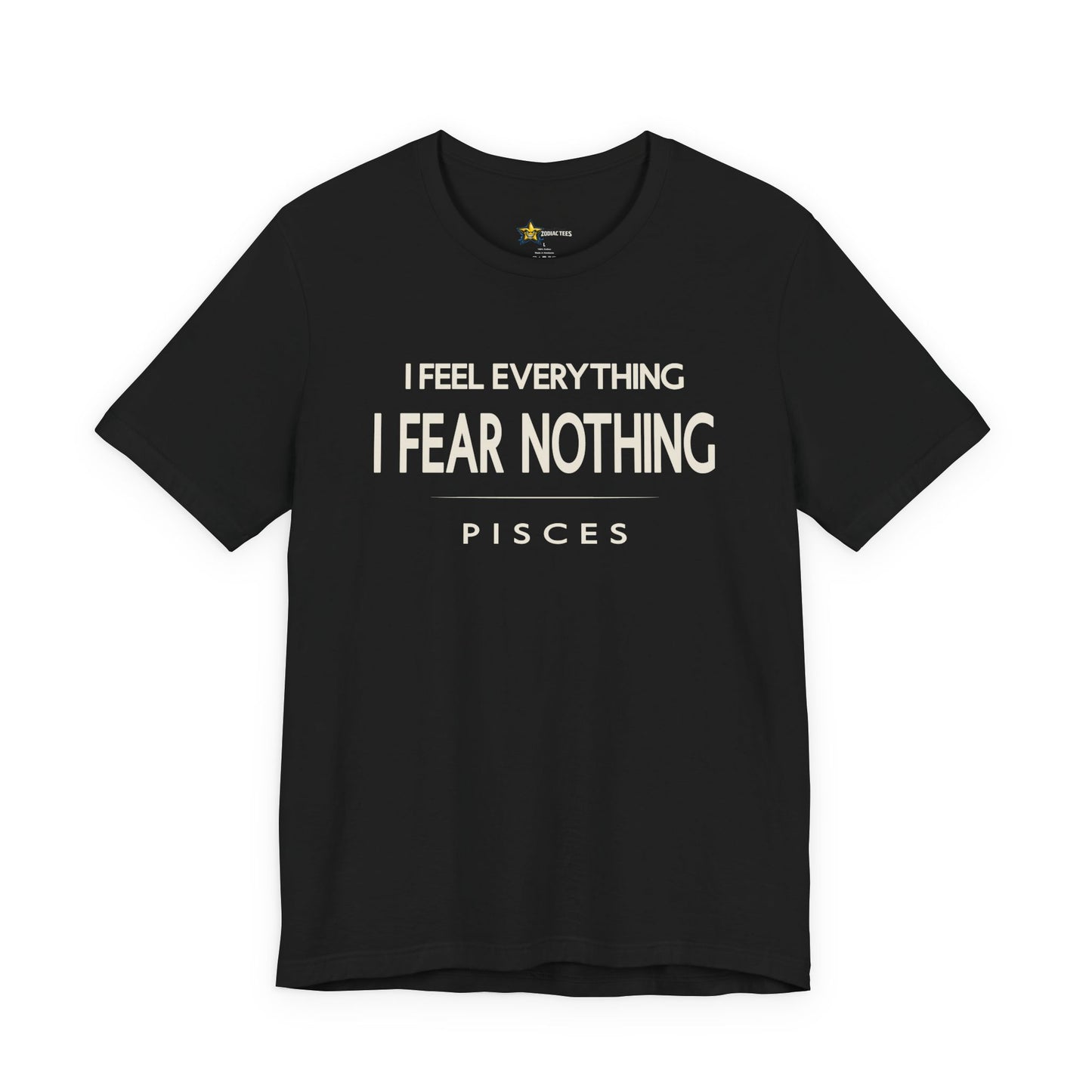 Pisces astrology t-shirt with bold typography quote on black background
