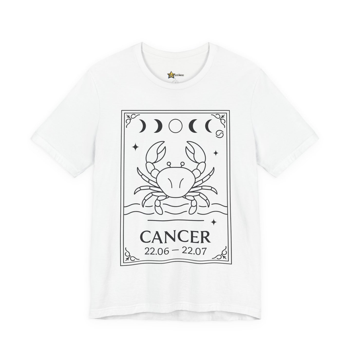 Cancer astrology t-shirt with crab card line art design on white background.