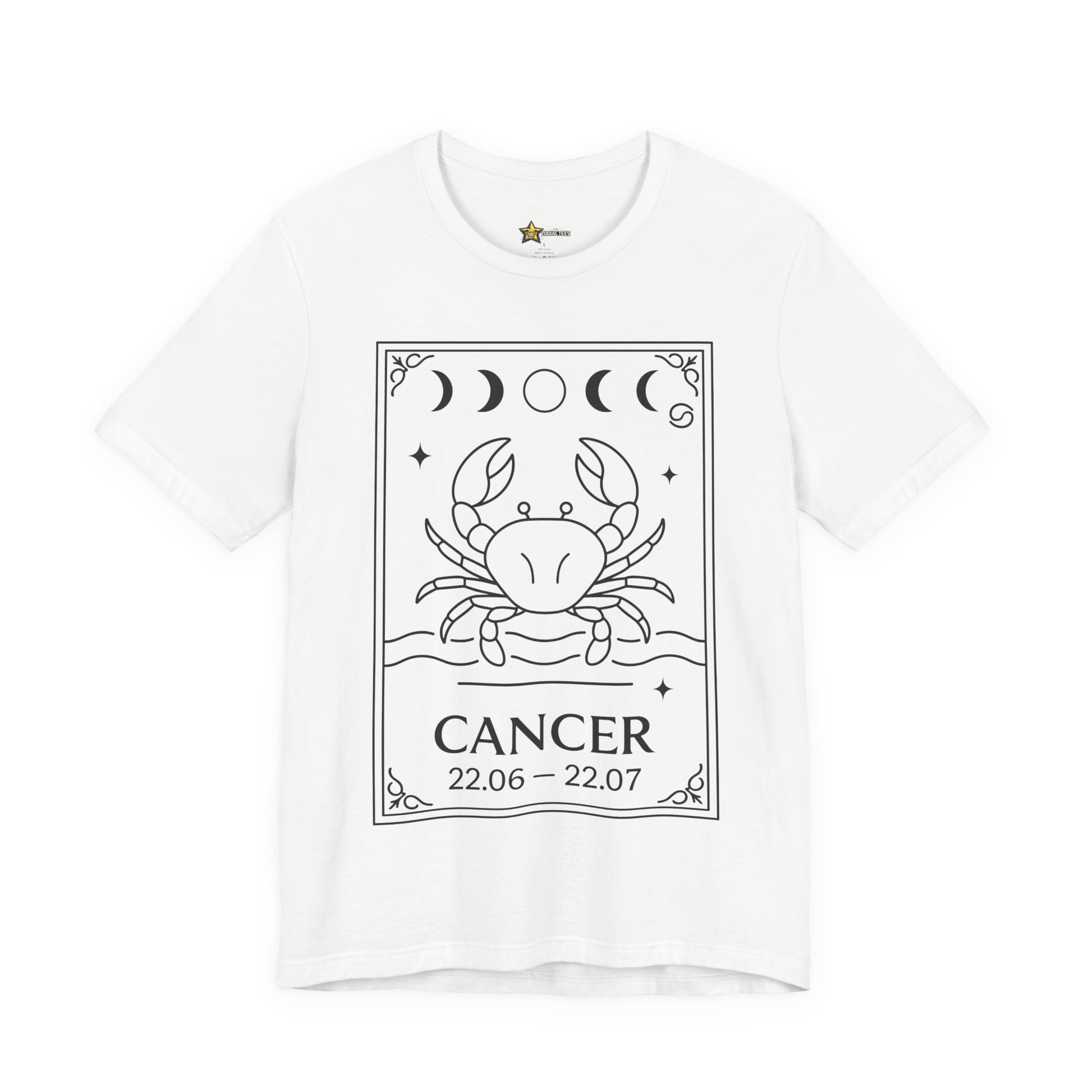 Cancer astrology t-shirt with crab card line art design on white background.