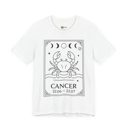 Cancer astrology t-shirt with crab card line art design on white background.