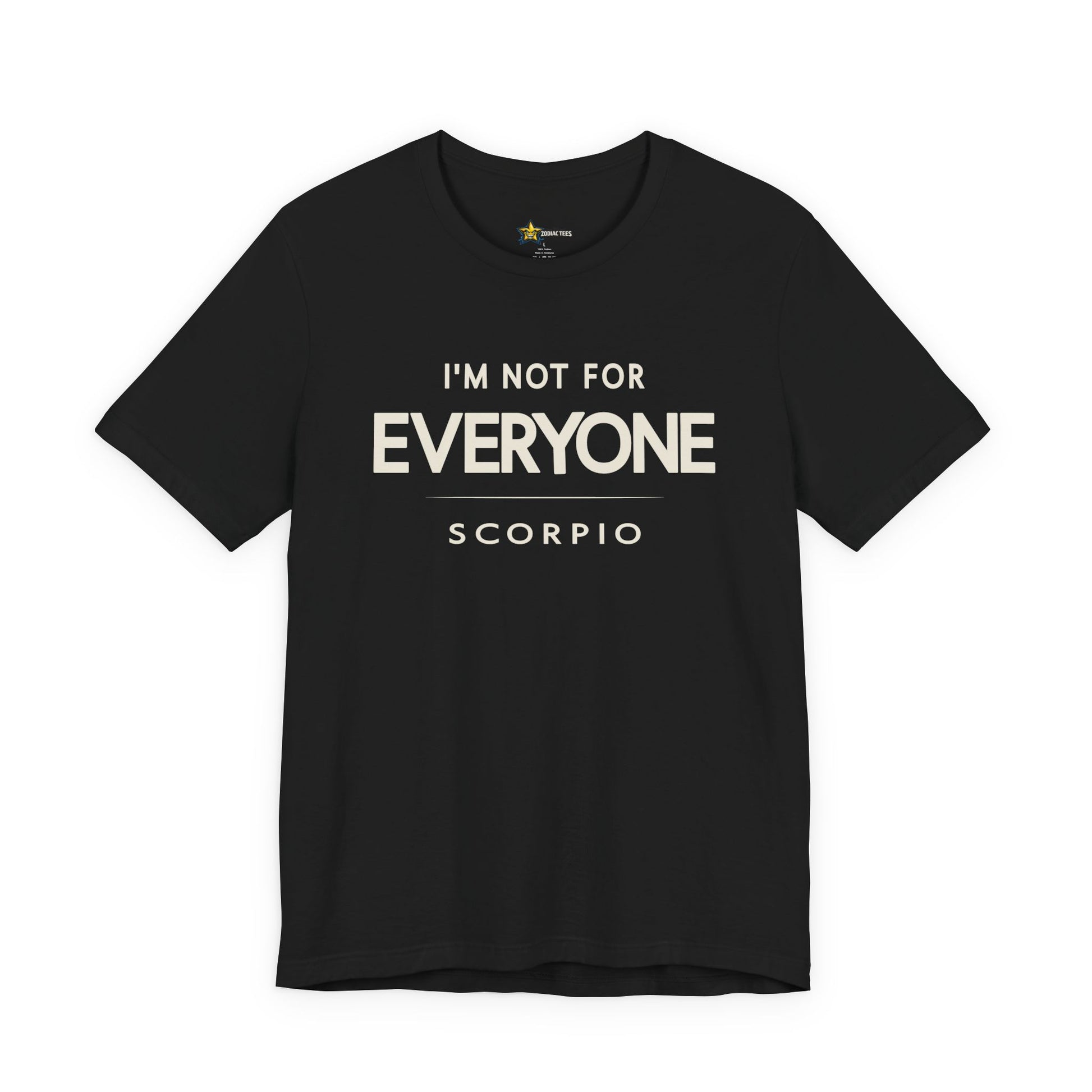 Scorpio astrology t-shirt with bold typography quote on black background