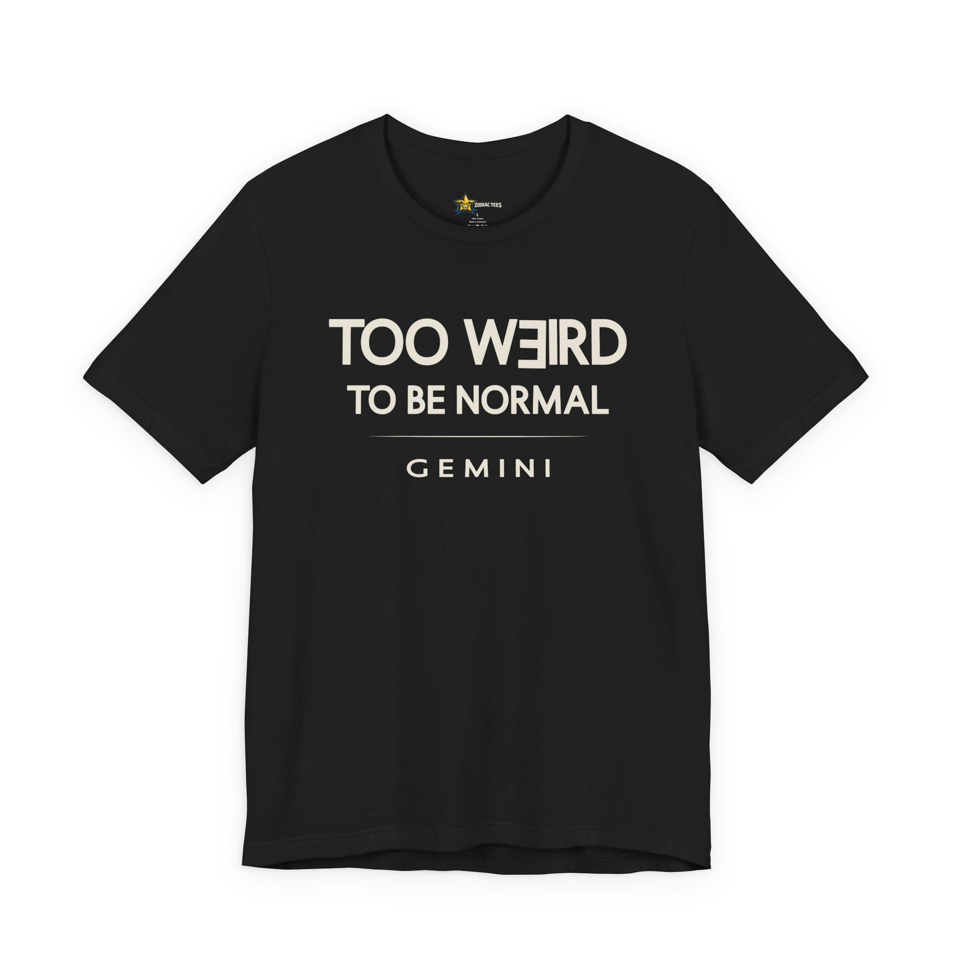 Gemini astrology t-shirt with bold typography quote on black background