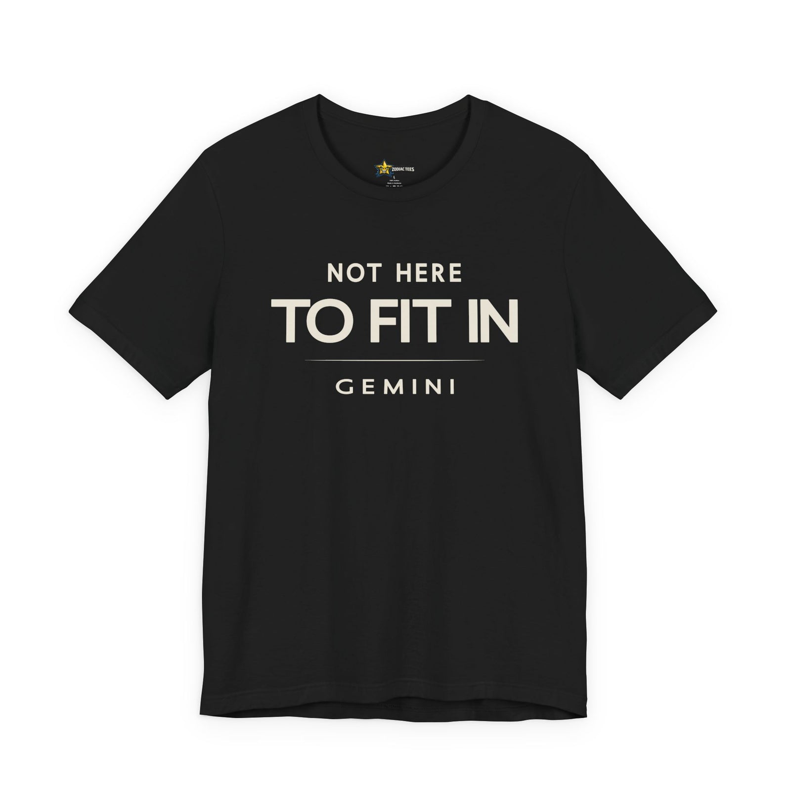 Gemini astrology t-shirt with bold typography quote on black background