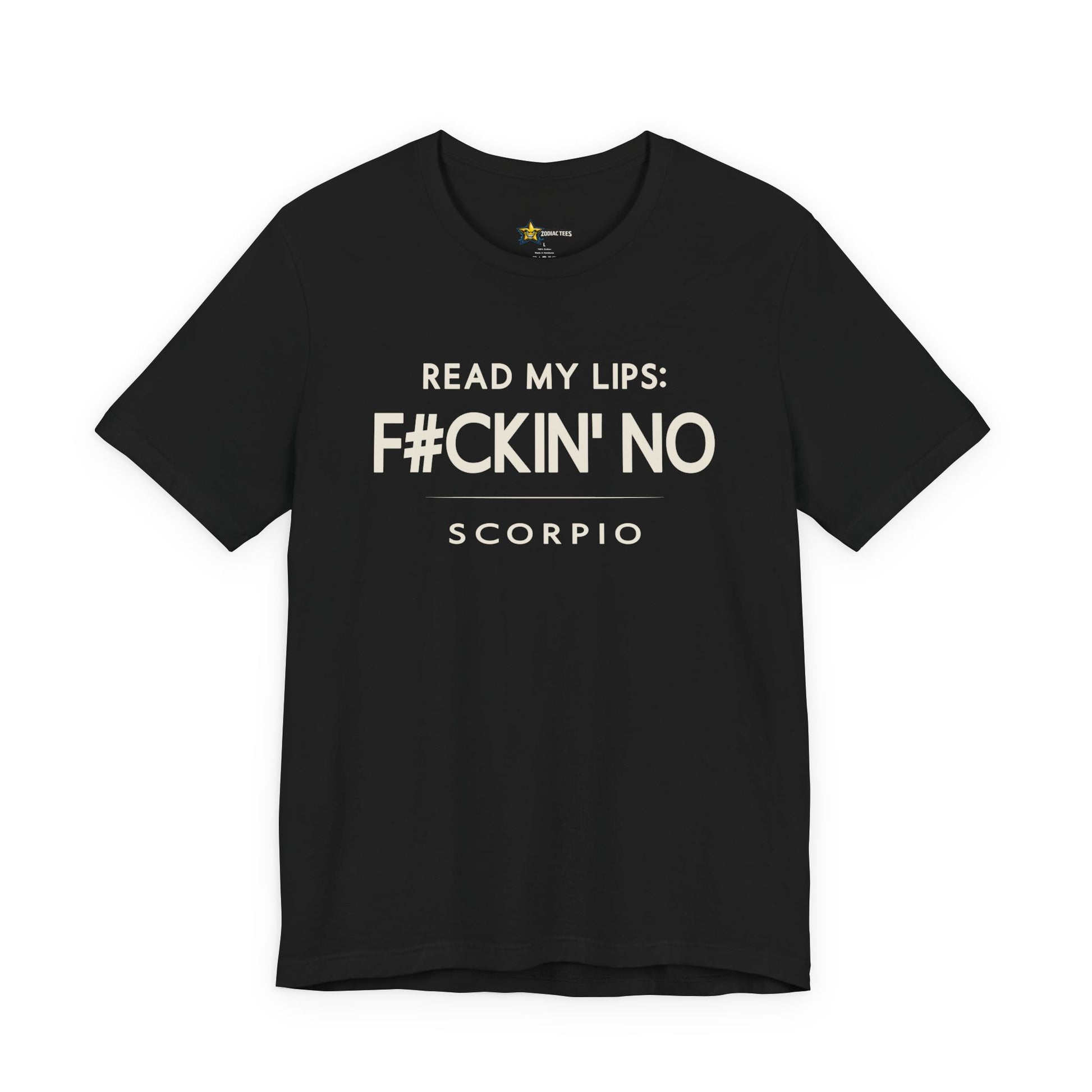 Black Scorpio zodiac t-shirt with minimalist bold text quote design