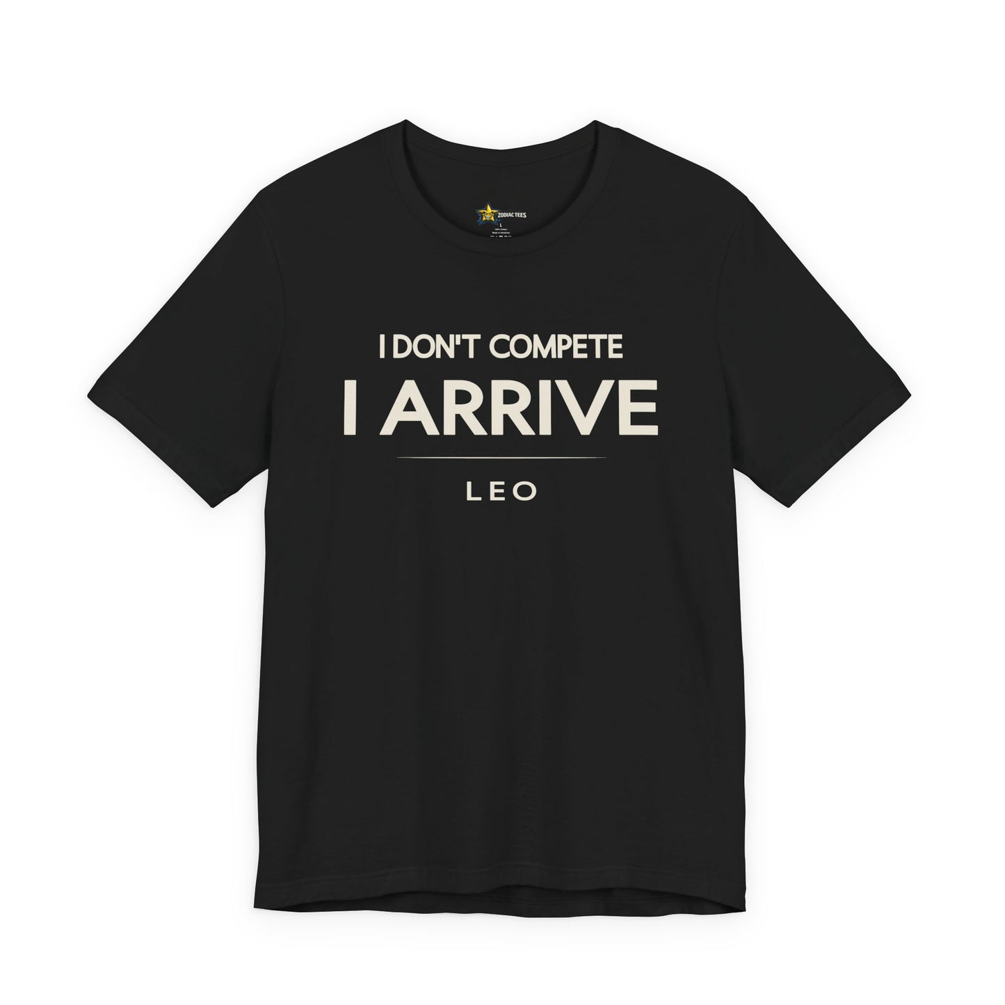 Leo astrology t-shirt with bold typography quote on black background
