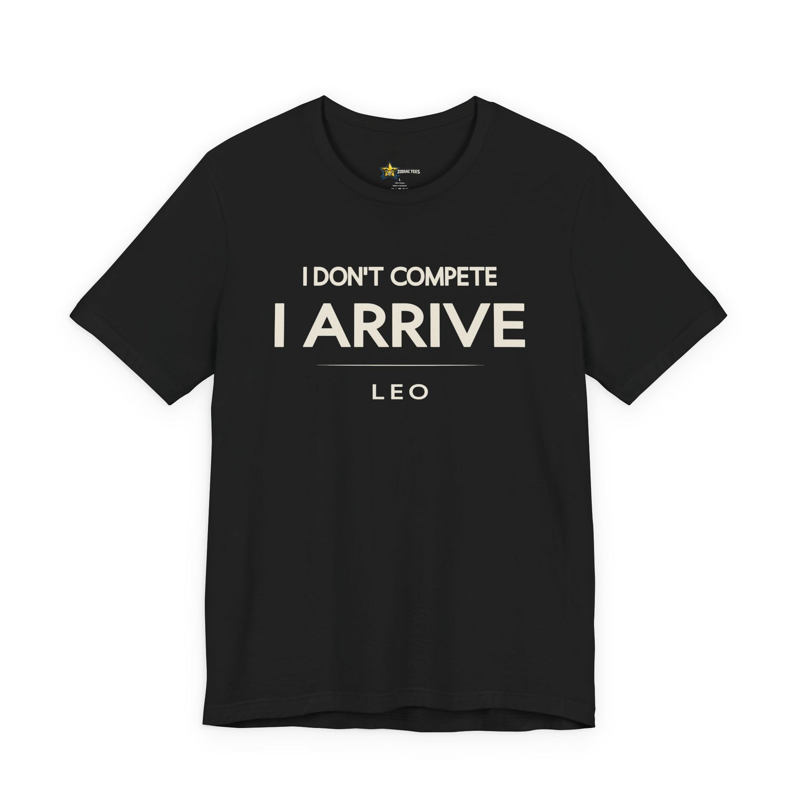 Leo astrology t-shirt with bold typography quote on black background