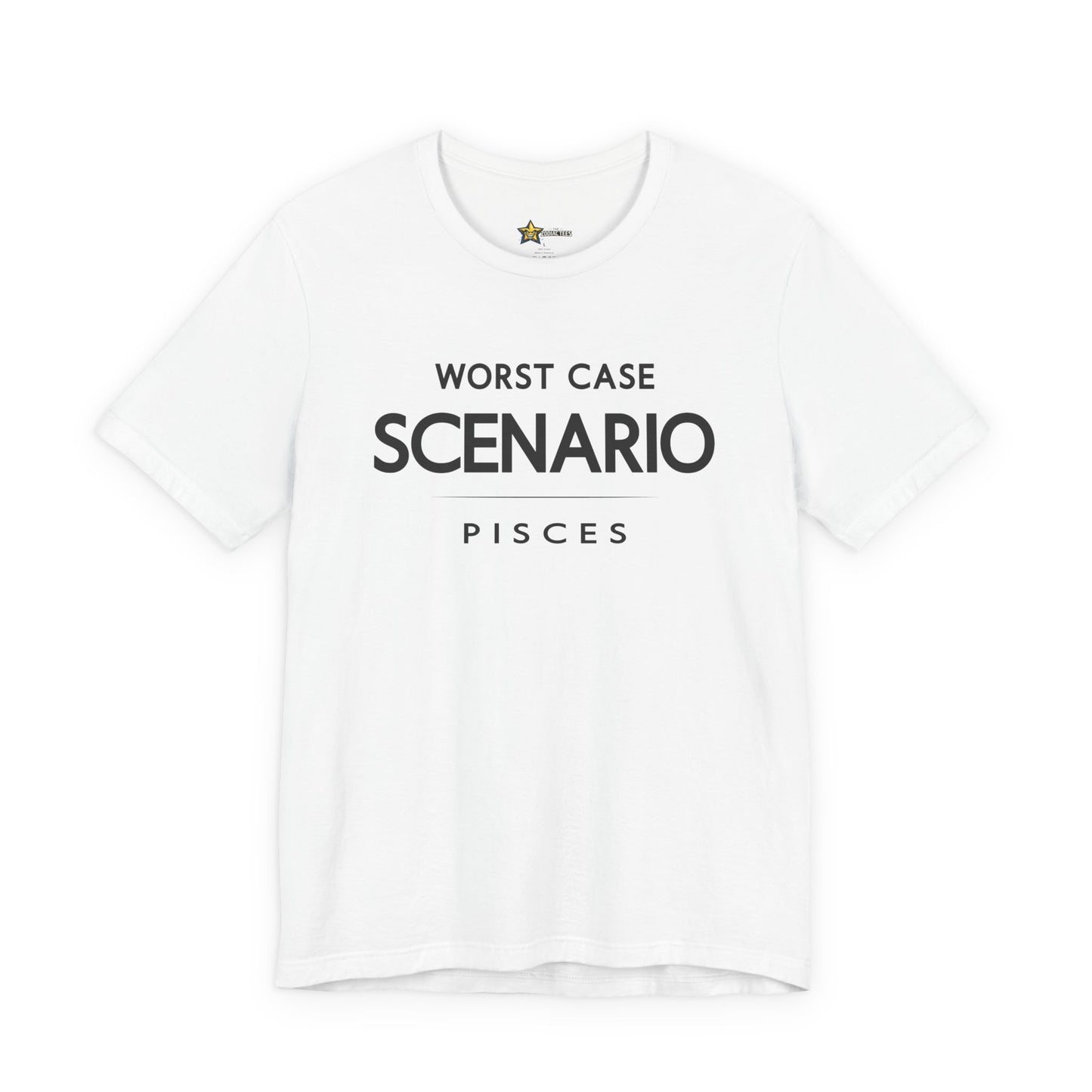 Pisces astrology t-shirt with “Worst Case Scenario” bold typography quote.