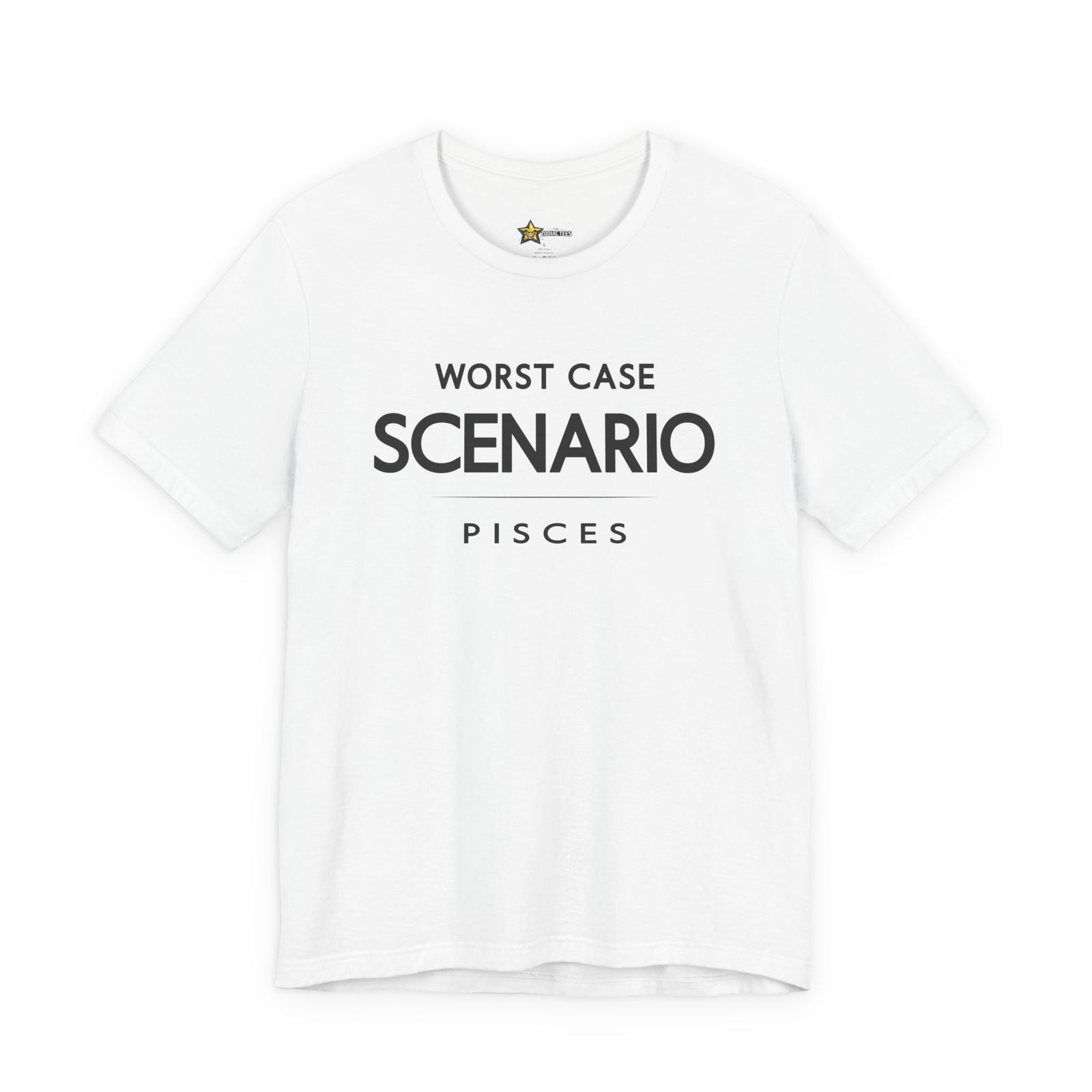 Pisces astrology t-shirt with “Worst Case Scenario” bold typography quote.