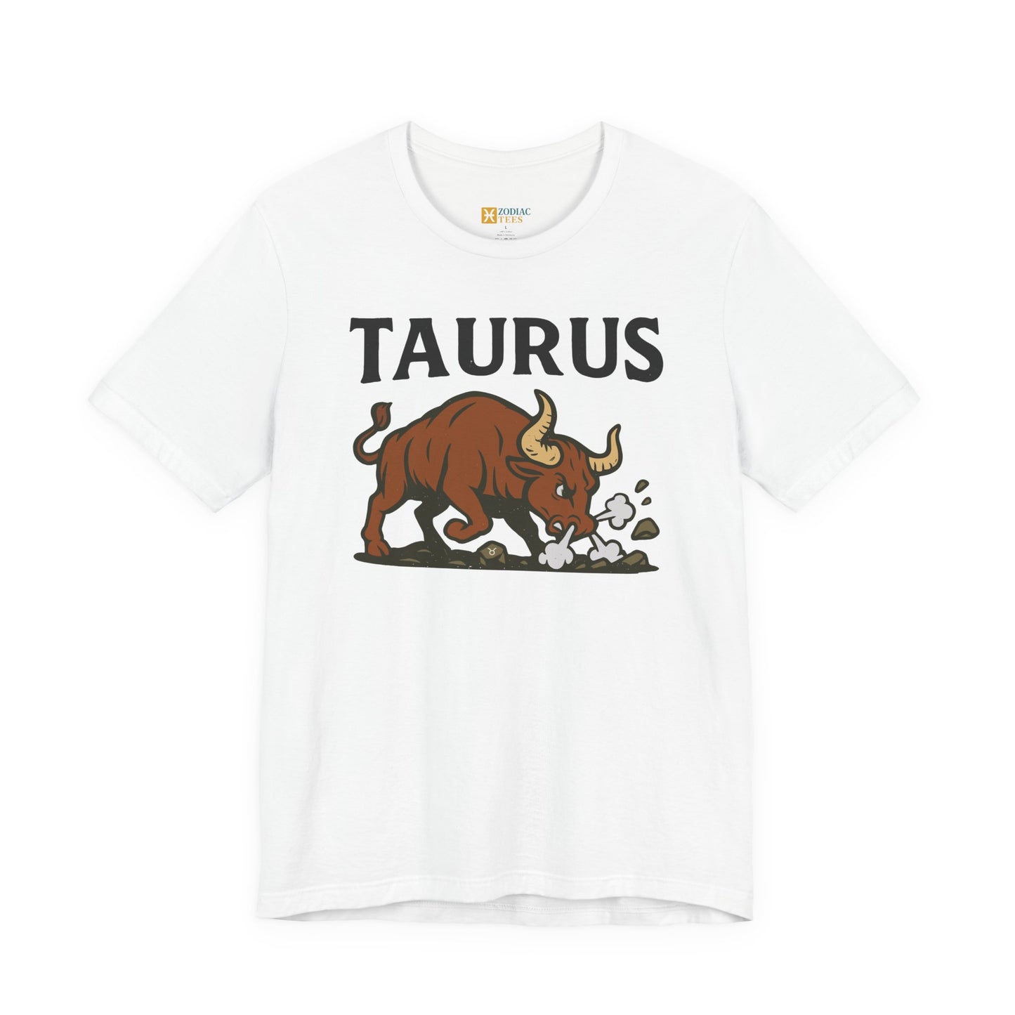 White unisex T-shirt featuring a bold charging bull graphic and the text "TAURUS".