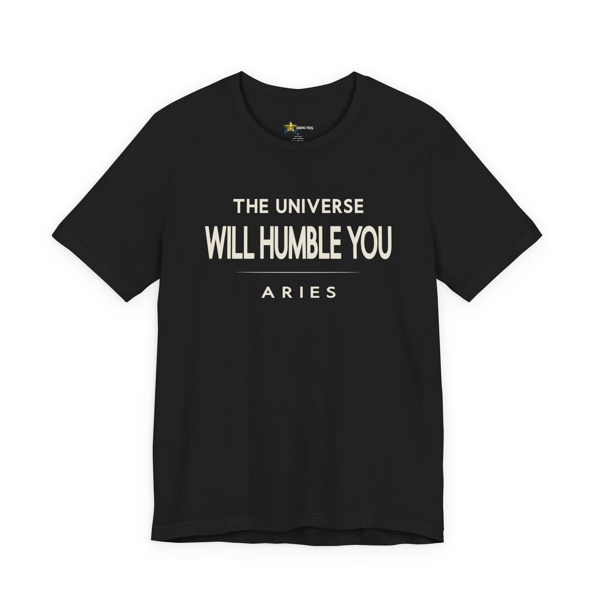 Aries astrology t-shirt with bold typography quote on black background
