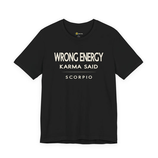 Scorpio astrology t-shirt with bold typography quote on black background