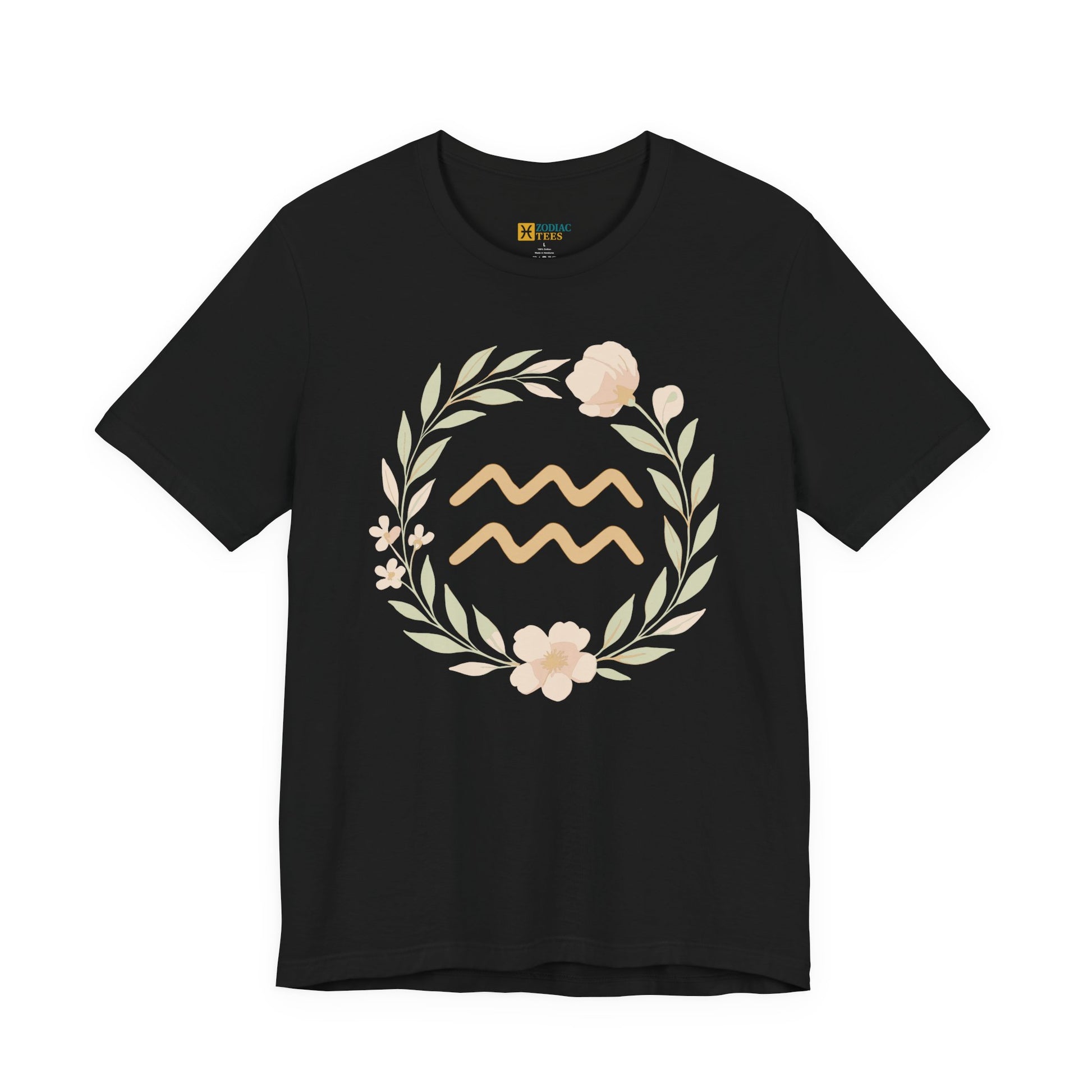 Aquarius t-shirt with floral zodiac symbol design on white background.