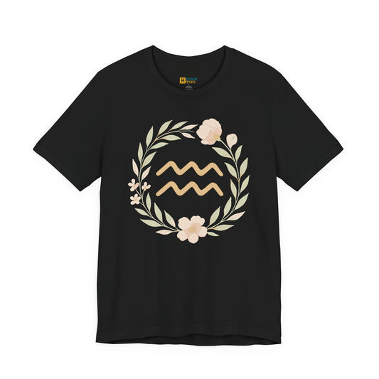 Aquarius t-shirt with floral zodiac symbol design on white background.