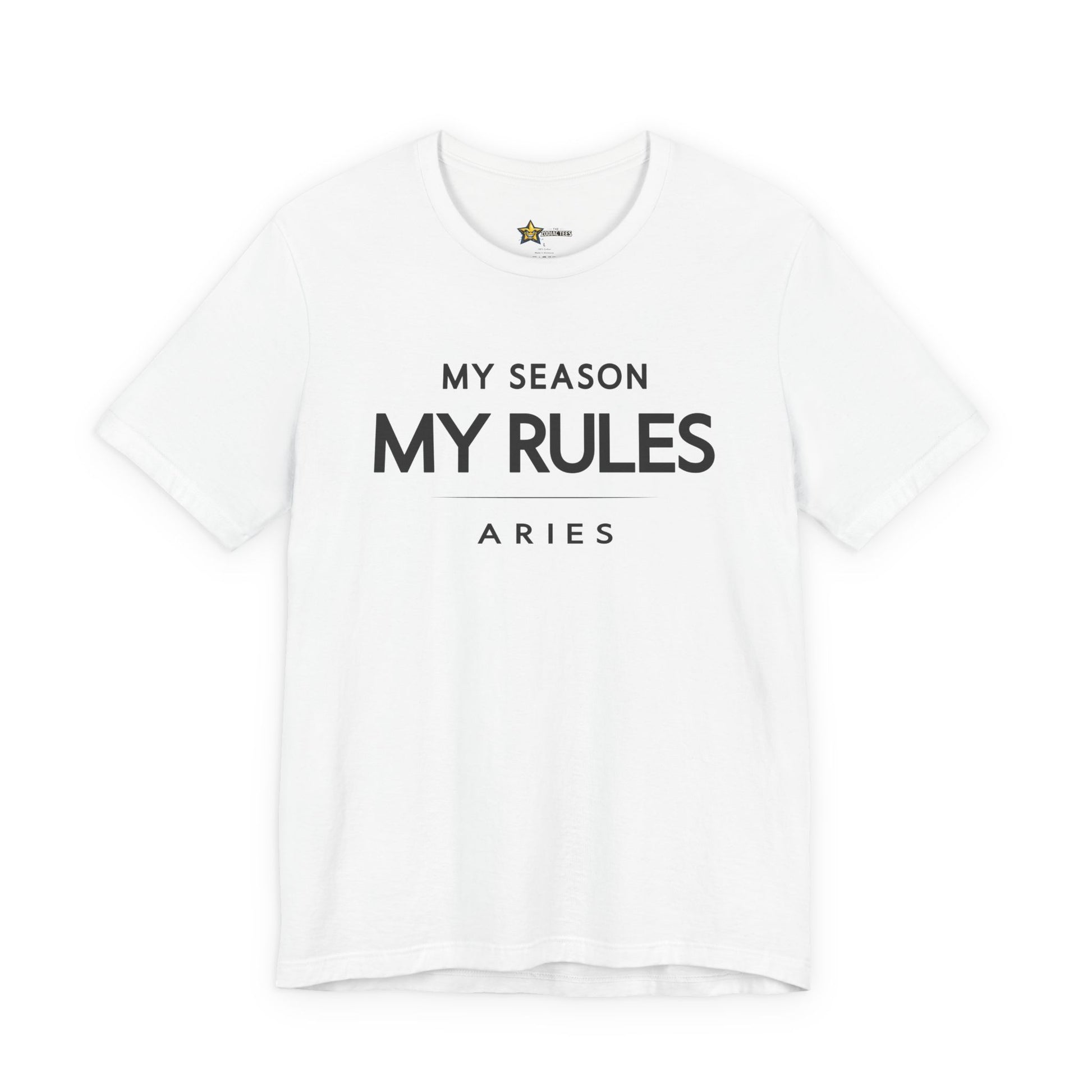 Aries astrology t-shirt with bold typography quote on white background
