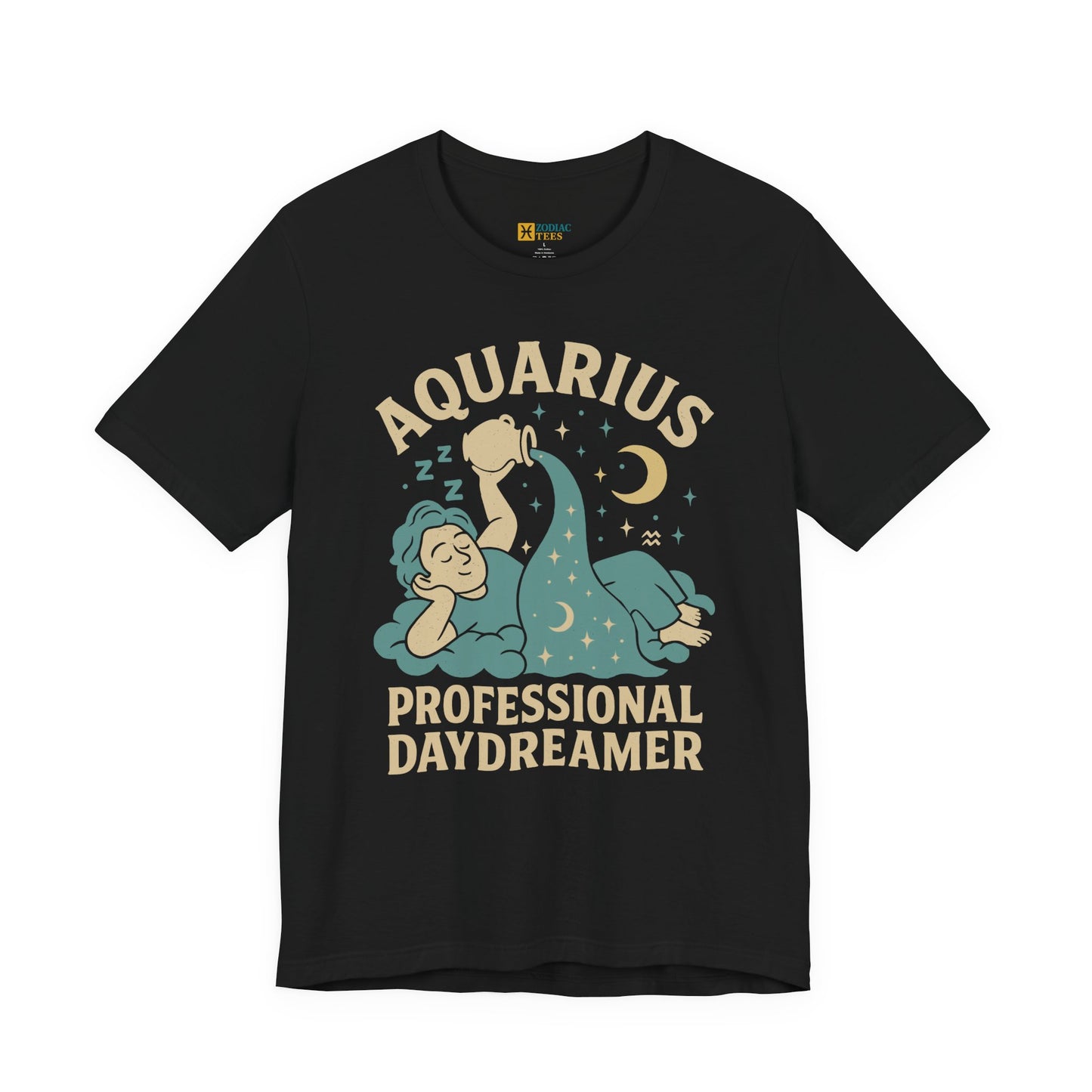 Aquarius astrology T-shirt with professional daydreamer zodiac design on white background.