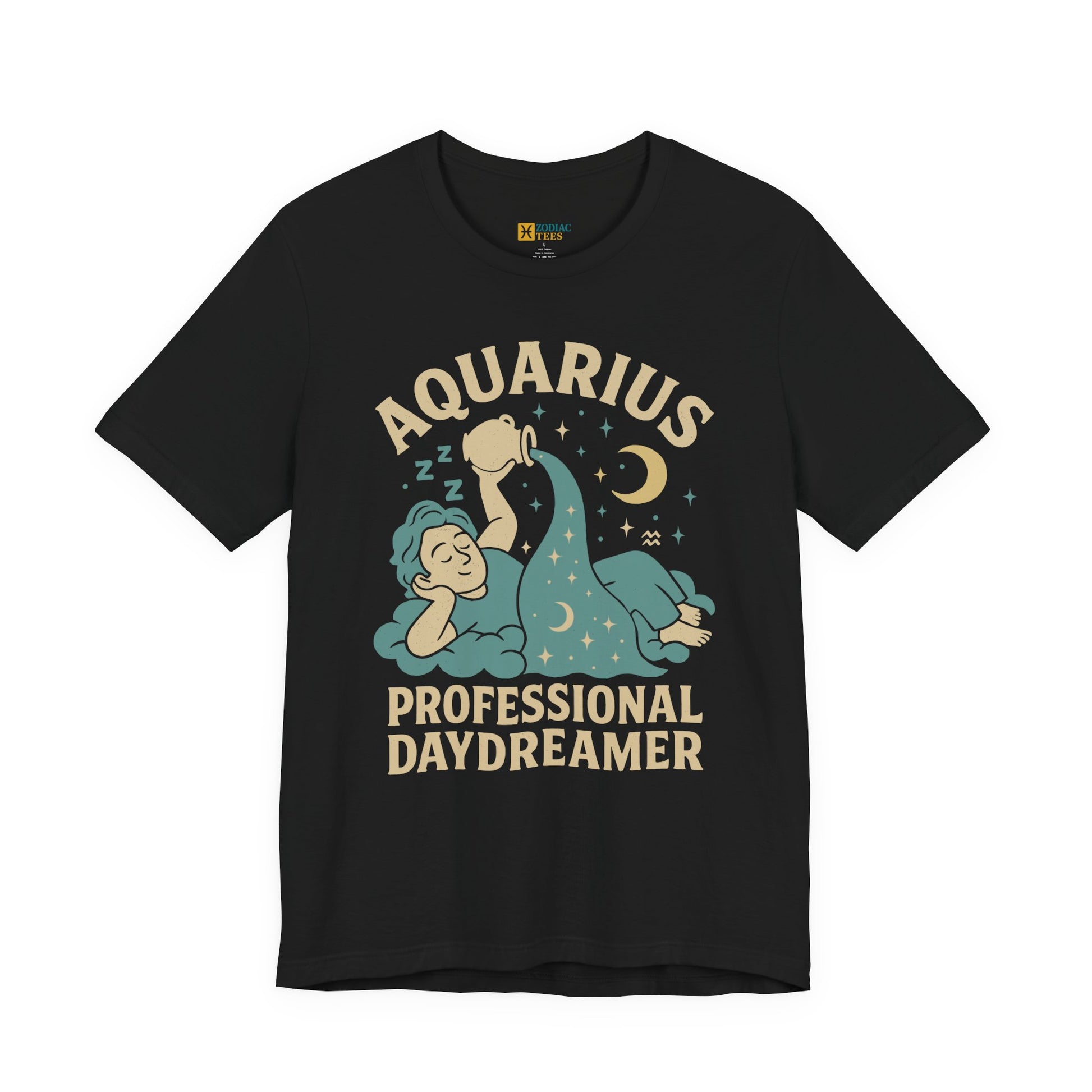 Aquarius astrology T-shirt with professional daydreamer zodiac design on white background.