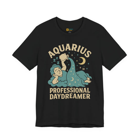 Aquarius astrology T-shirt with professional daydreamer zodiac design on white background.