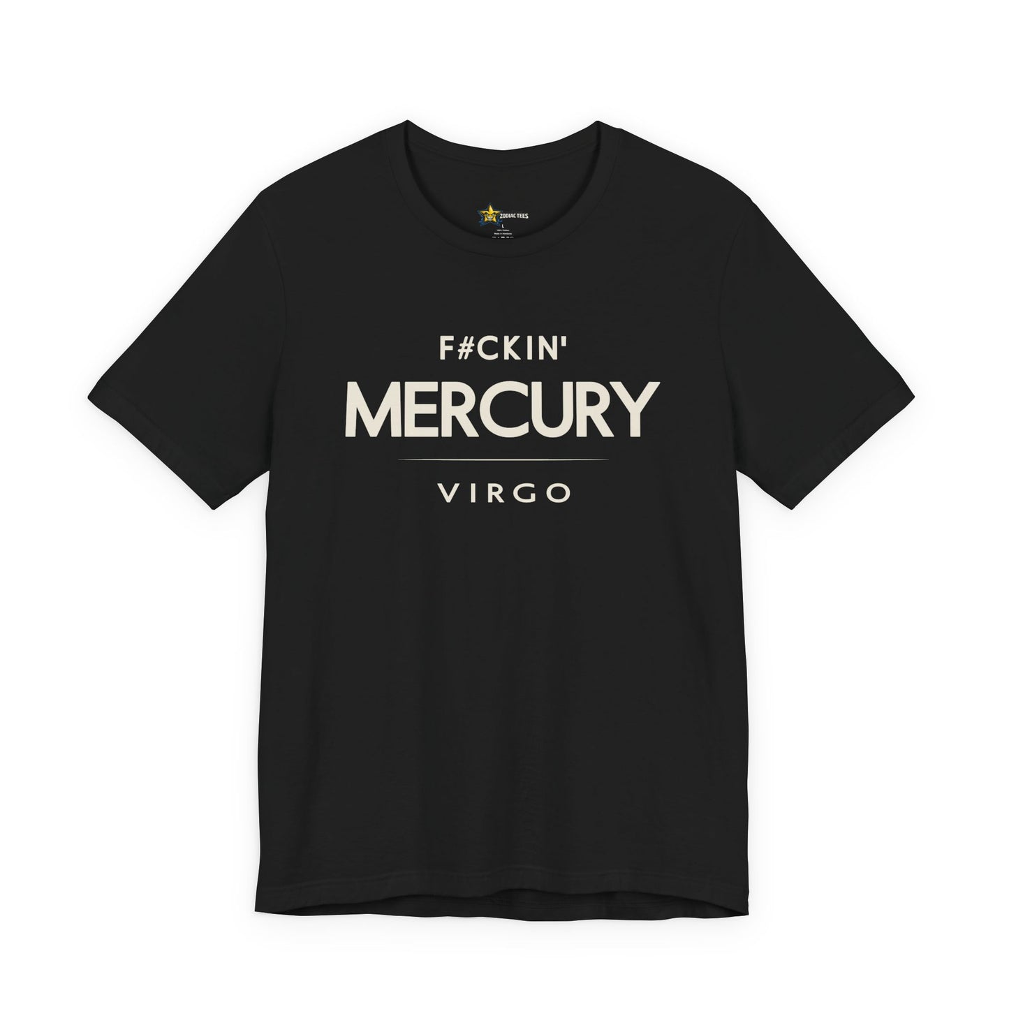 Virgo astrology t-shirt with F#ckin’ Mercury typography on black background