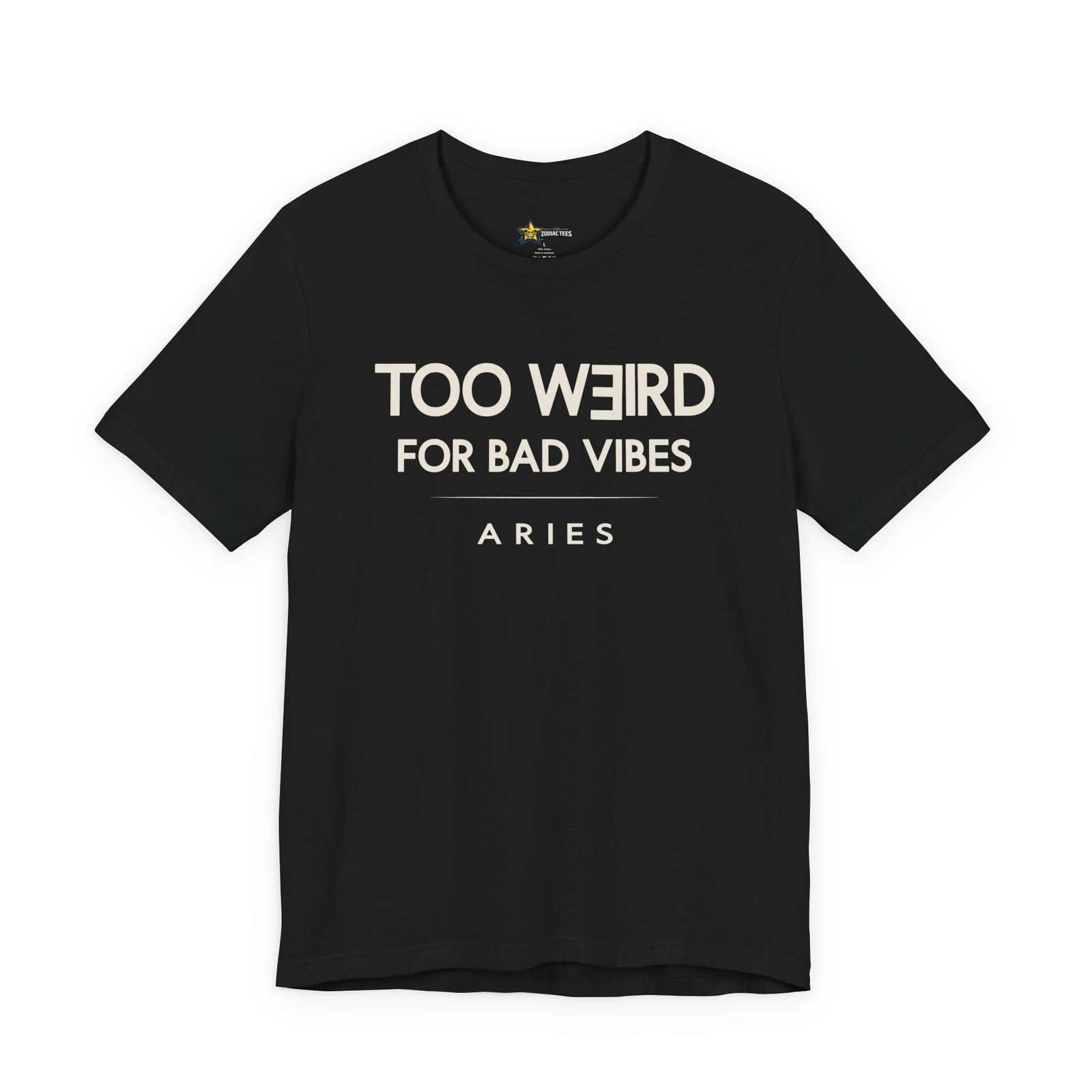 Aries astrology t-shirt with bold typography quote on black background