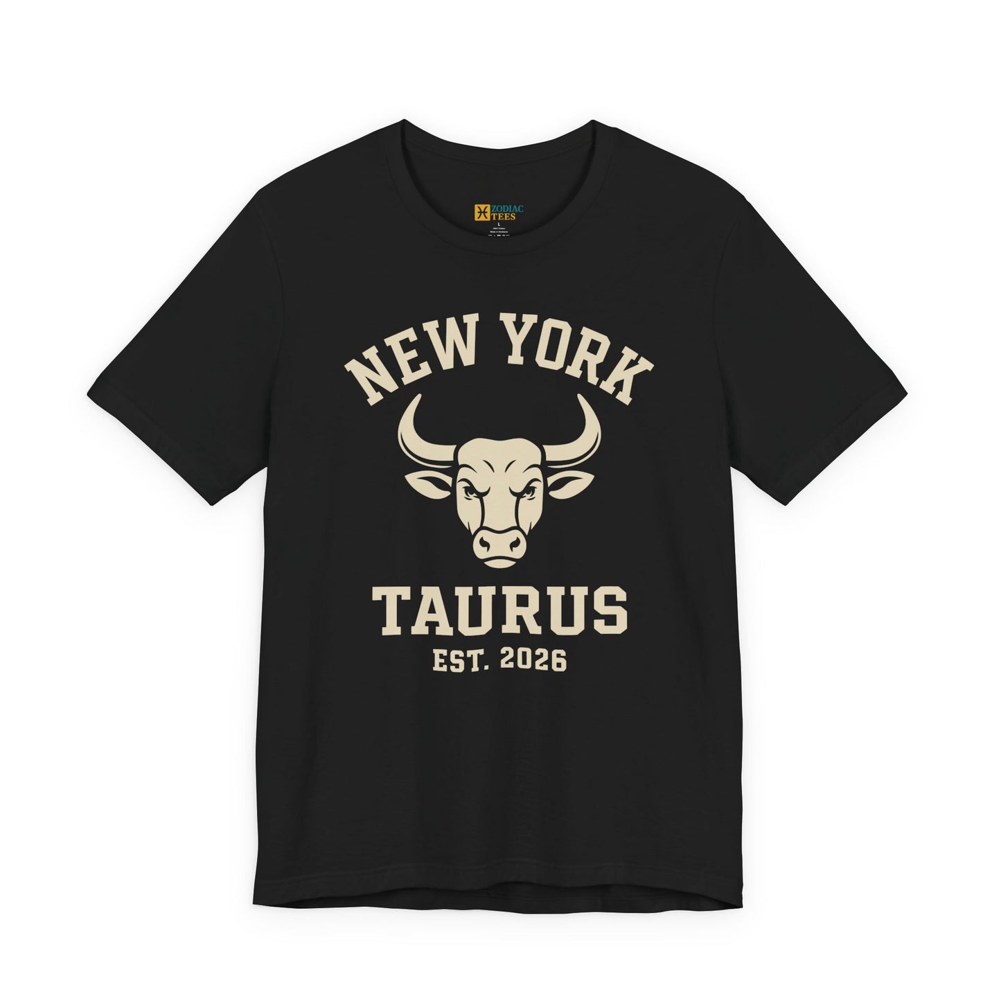 Black Taurus Varsity T-Shirt with bold bull emblem and New York collegiate design on a flat mockup