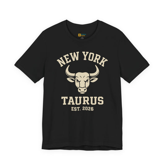 Black Taurus Varsity T-Shirt with bold bull emblem and New York collegiate design on a flat mockup