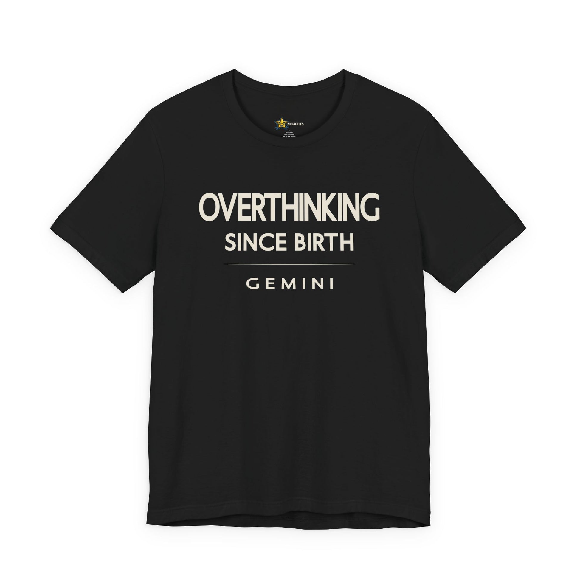Gemini astrology t-shirt with “Overthinking Since Birth” typography on black background