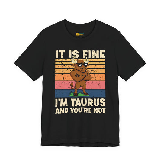 Taurus Attitude T-Shirt with retro sunset background and bold bull graphic on a flat black tee.