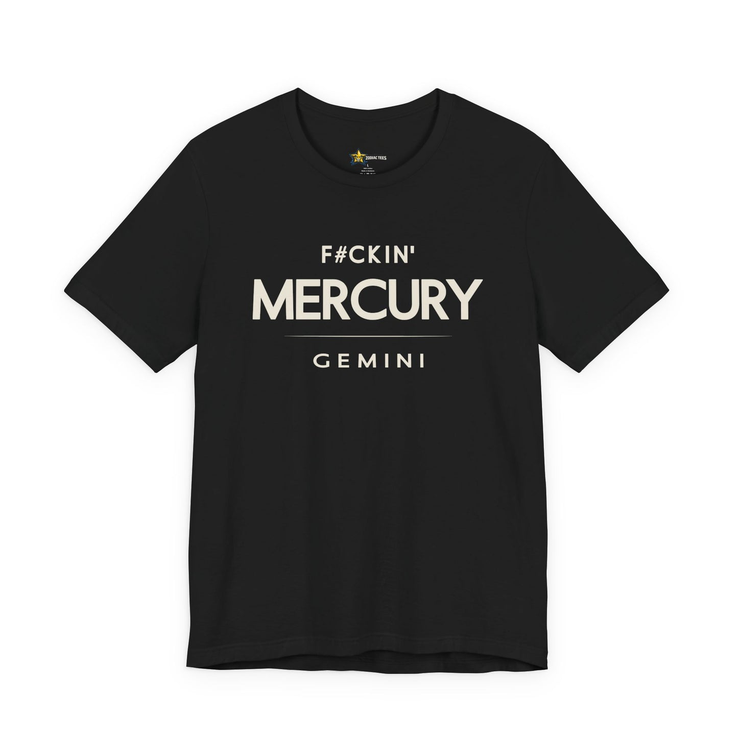 Gemini astrology t-shirt with F#ckin’ Mercury typography on black background