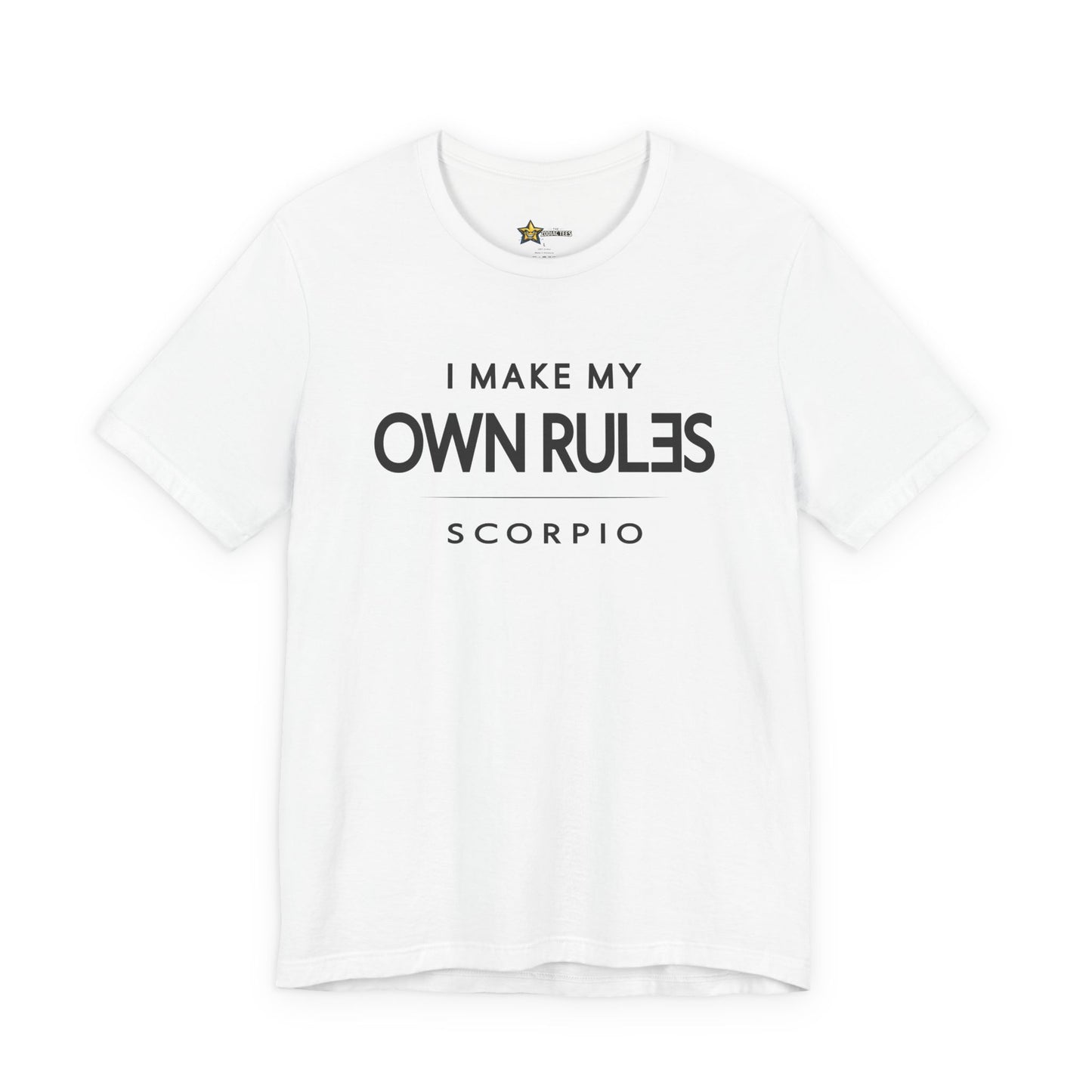 Scorpio astrology t-shirt with bold typography quote on white background